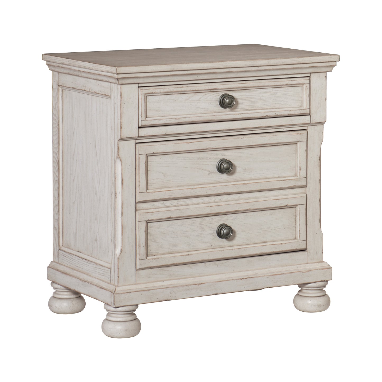 White washed wood threedrawer nightstand with ornate dark metal knobs