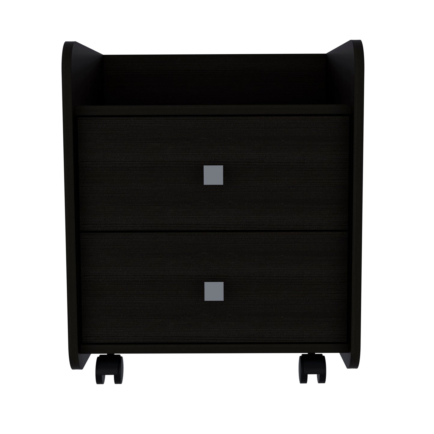 Black twodrawer mobile file cabinet with silver square pulls and black casters