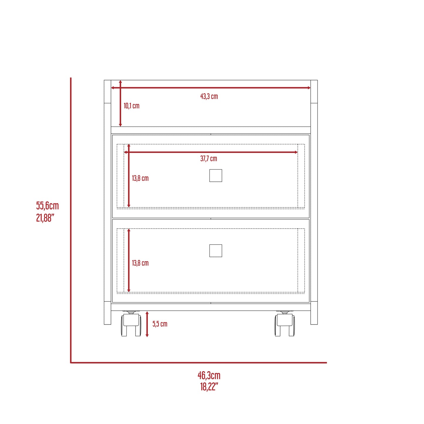 Schematic diagram of a twodrawer rolling cabinet with dimensions