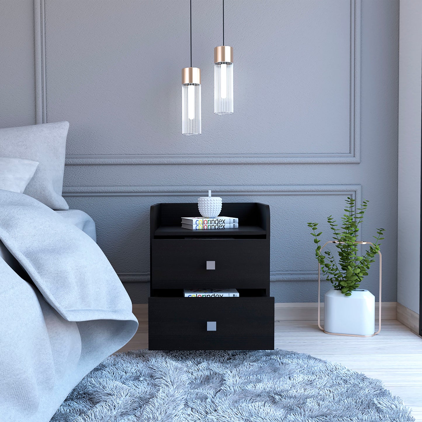 Black modern nightstand with two drawers and a square silver pull