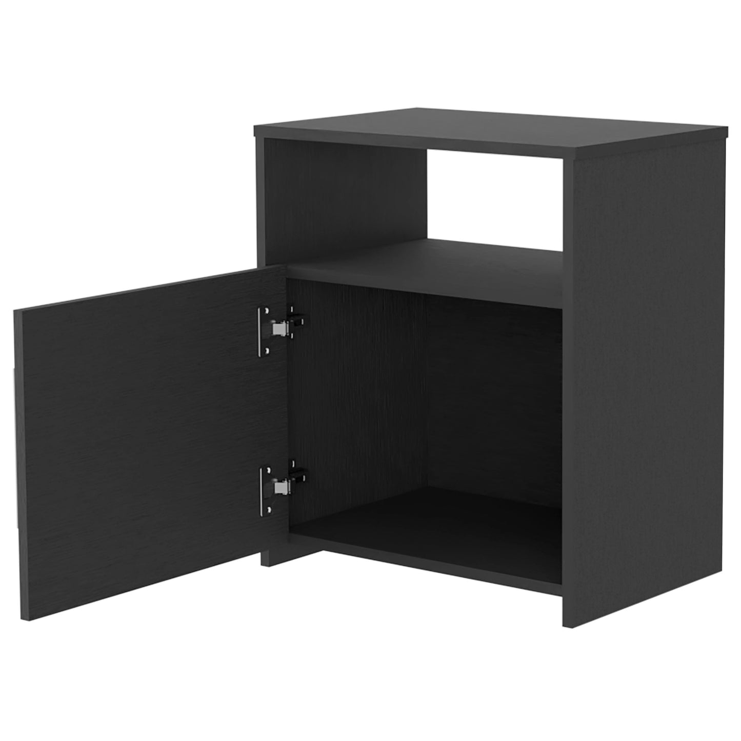 Black minimalist cabinet with open door and internal shelf