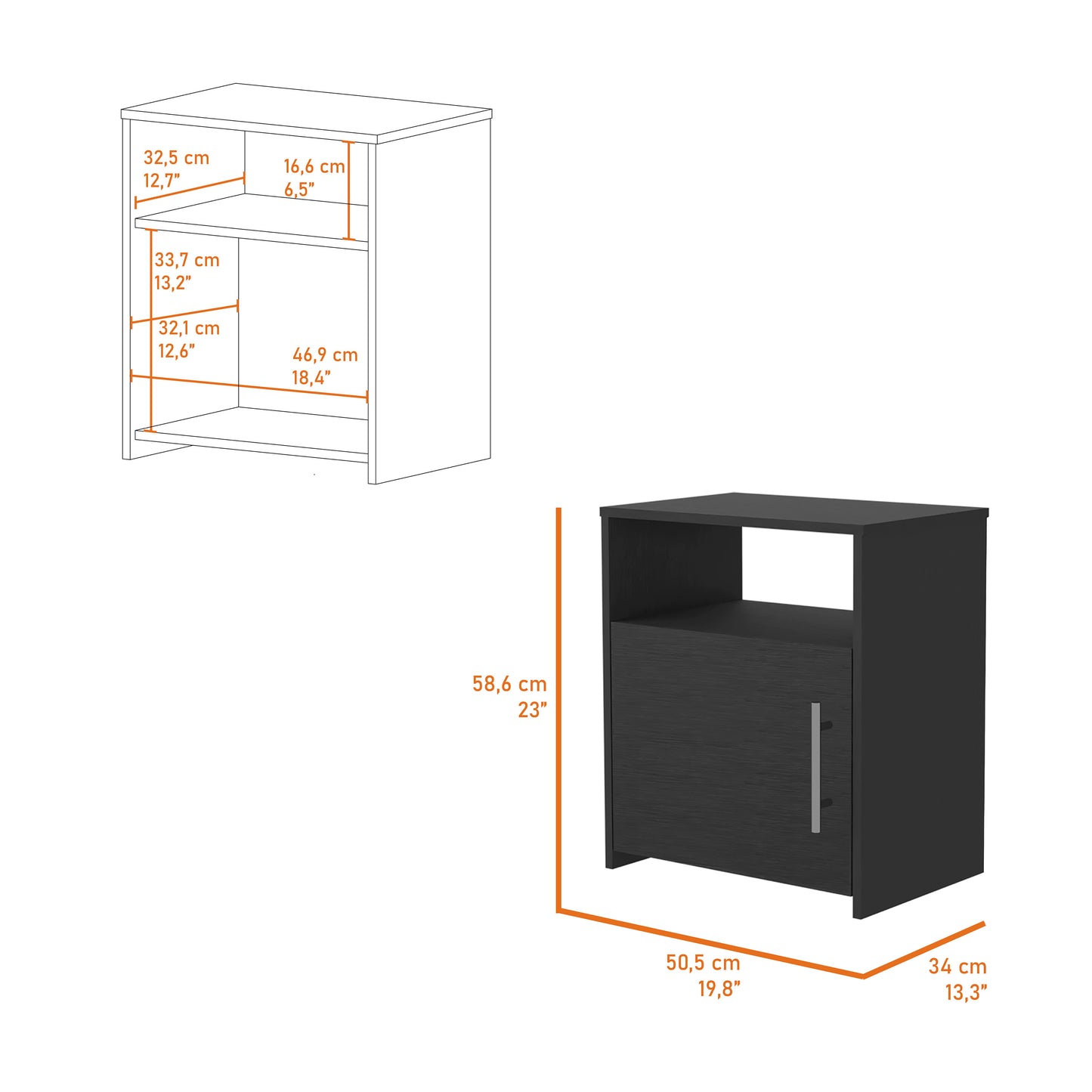 Modern black nightstand with one drawer and open shelf