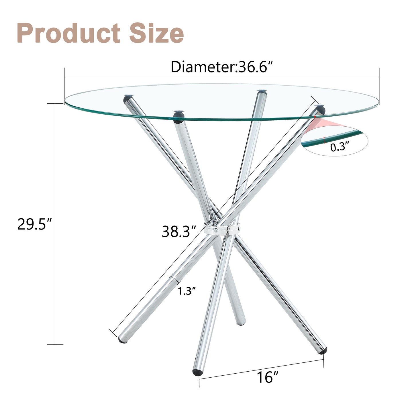 Modern glass top dining table with chrome Xbase diameter