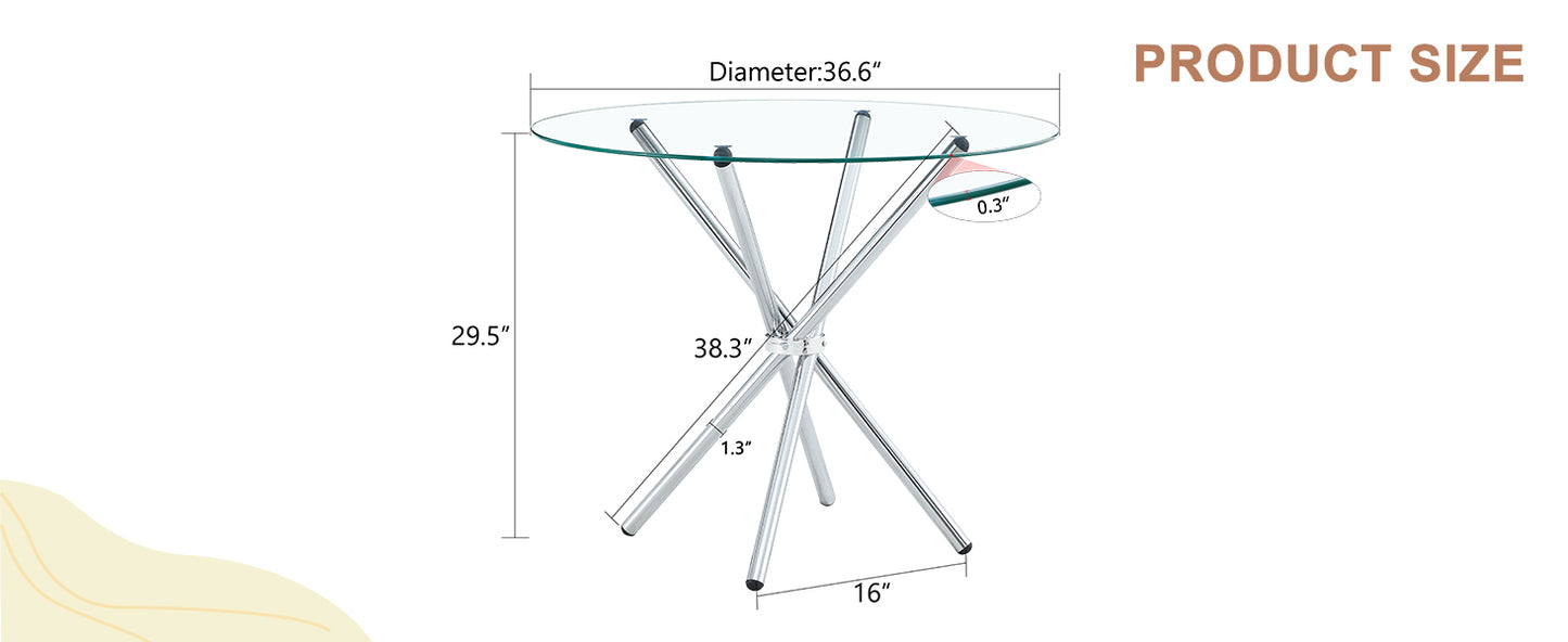 Round glass top dining table with chrome star base and dimensions
