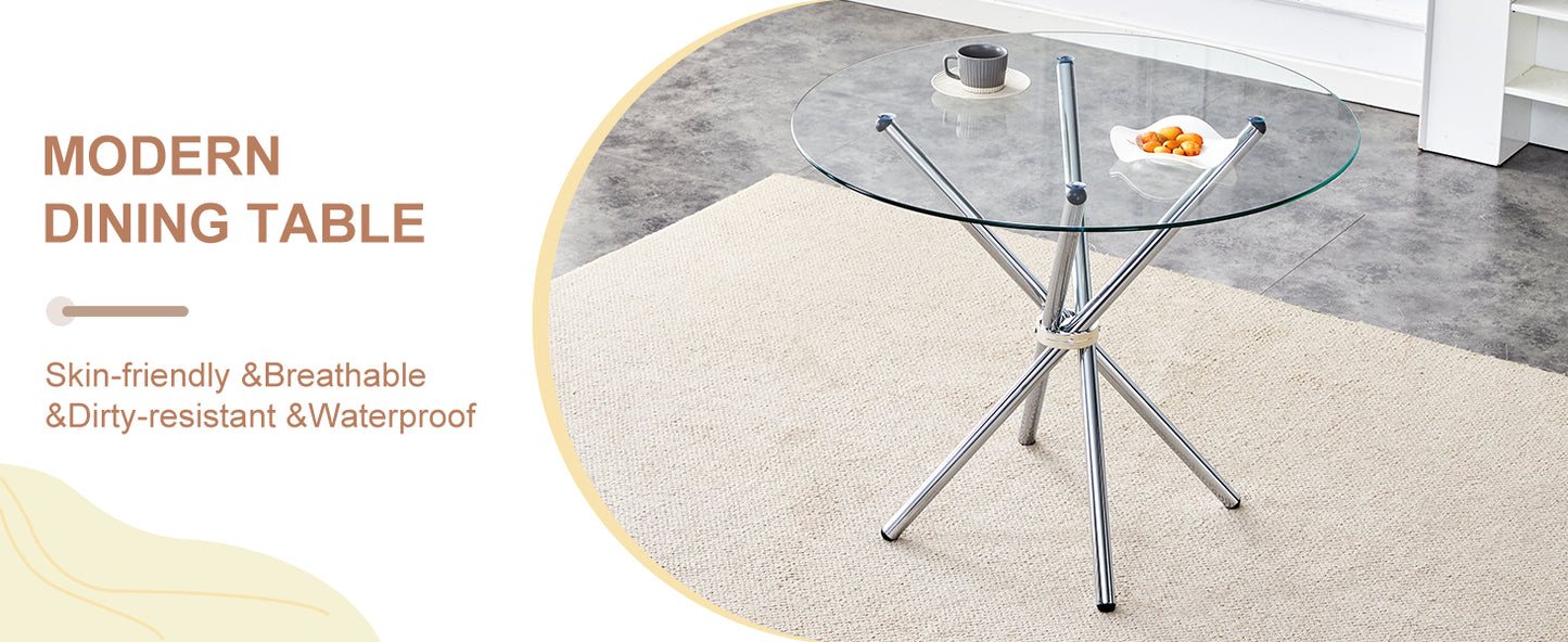 Modern glass top dining table with chrome pedestal base