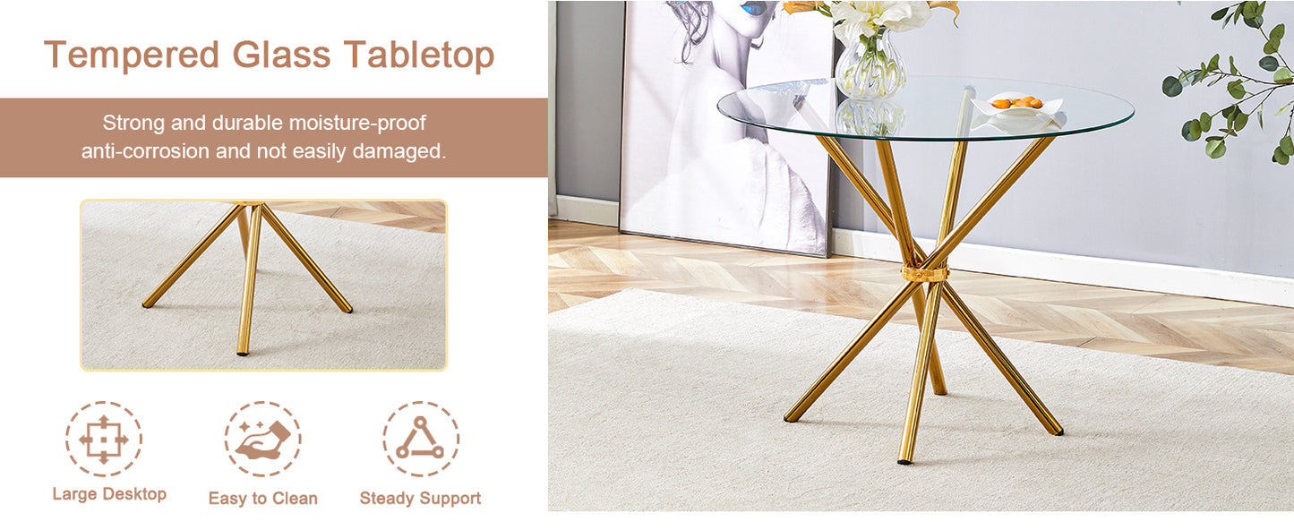 Round tempered glass tabletop on a modern gold metal pedestal base