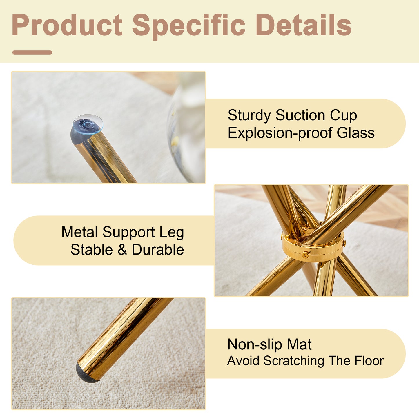 Sturdy suction cup on gold metal leg