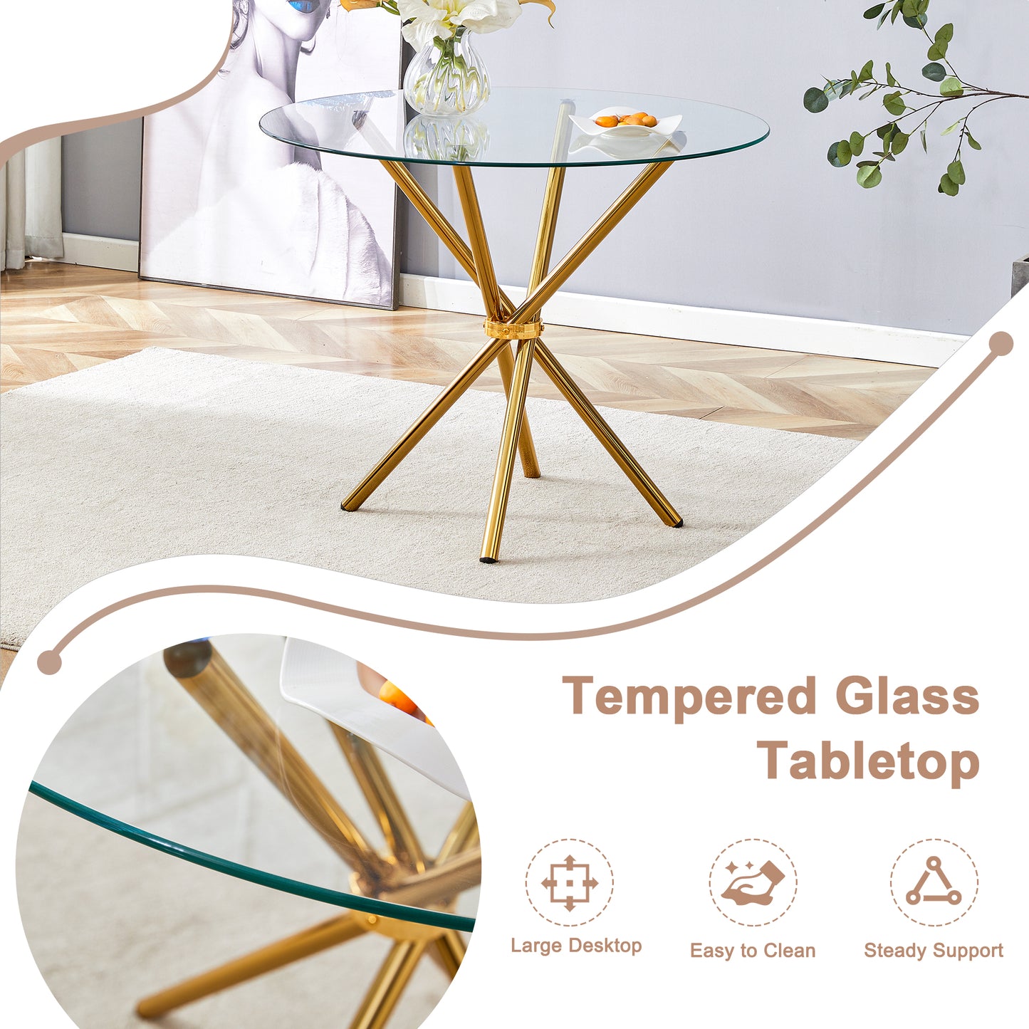 Round tempered glass tabletop with gold crisscross base