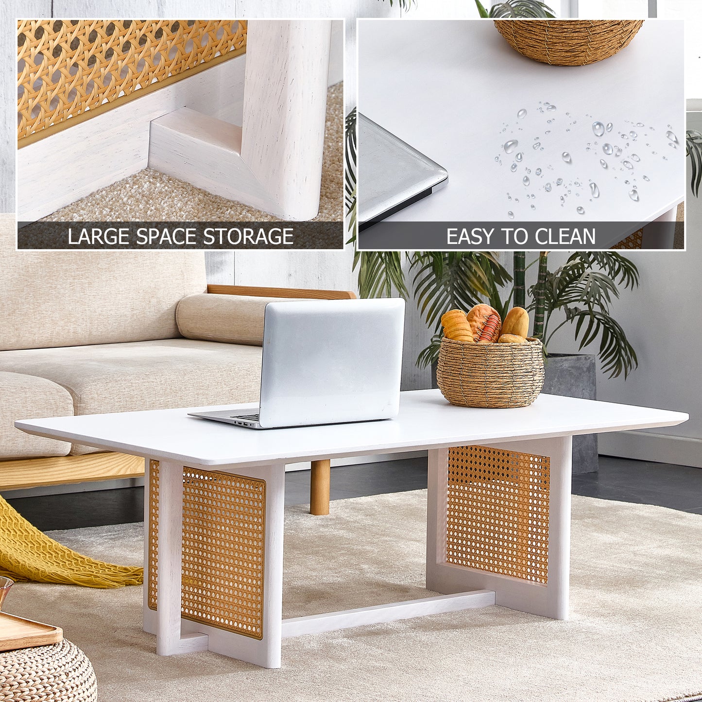 Modern white coffee table with woven cane panels ideal for living rooms