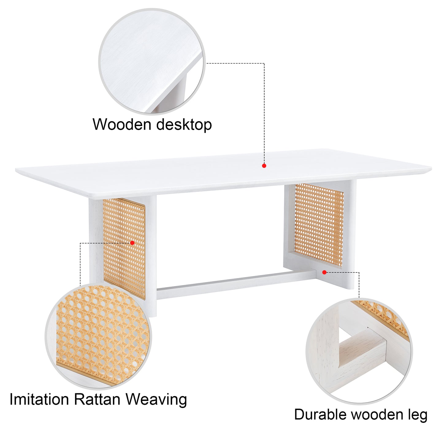 White wooden dining table with imitation rattan panel inserts