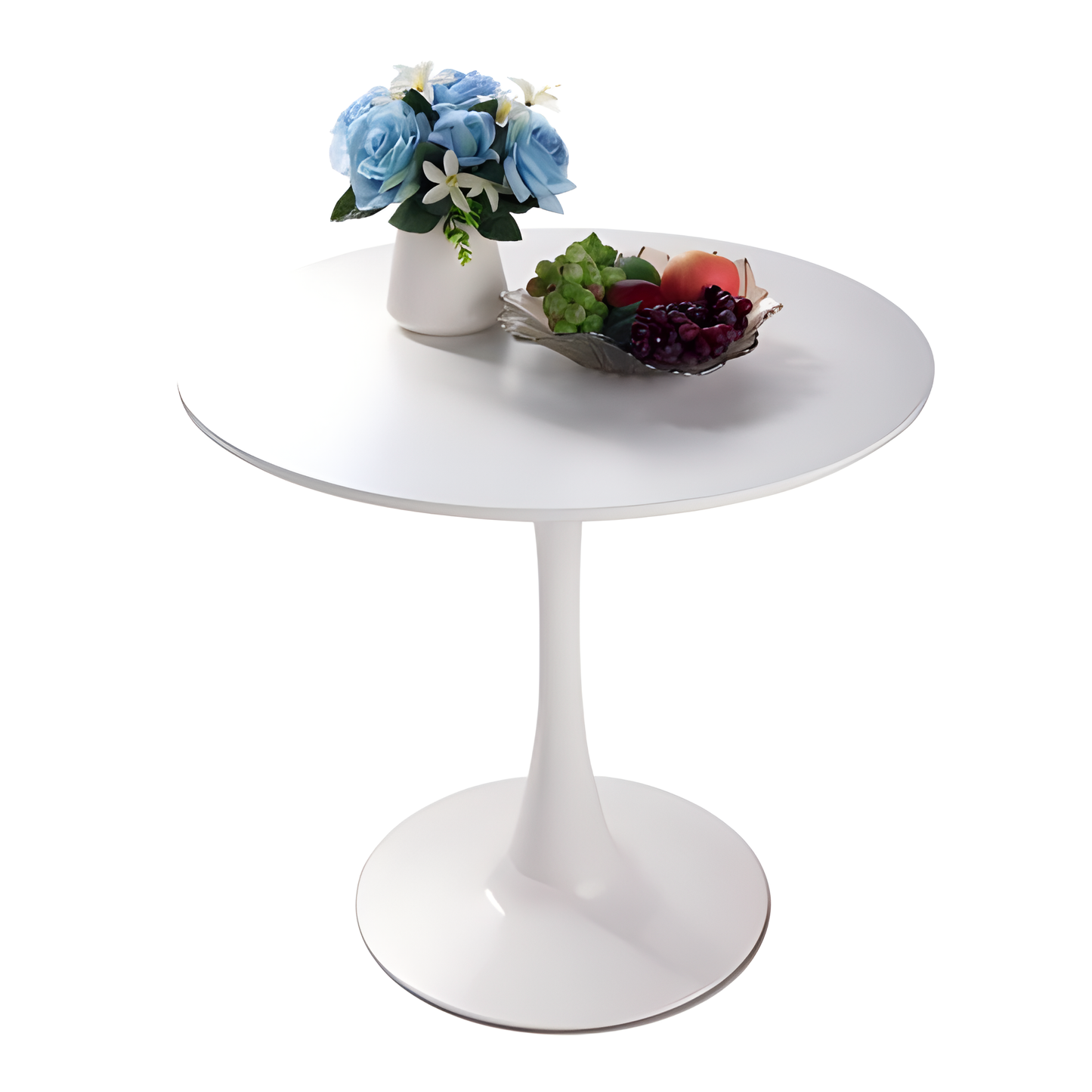 White tulip pedestal dining table with decorative blue roses and fruit bowl