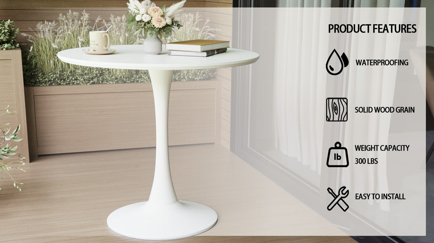 White round tulip table with wood grain detail perfect for modern dining rooms