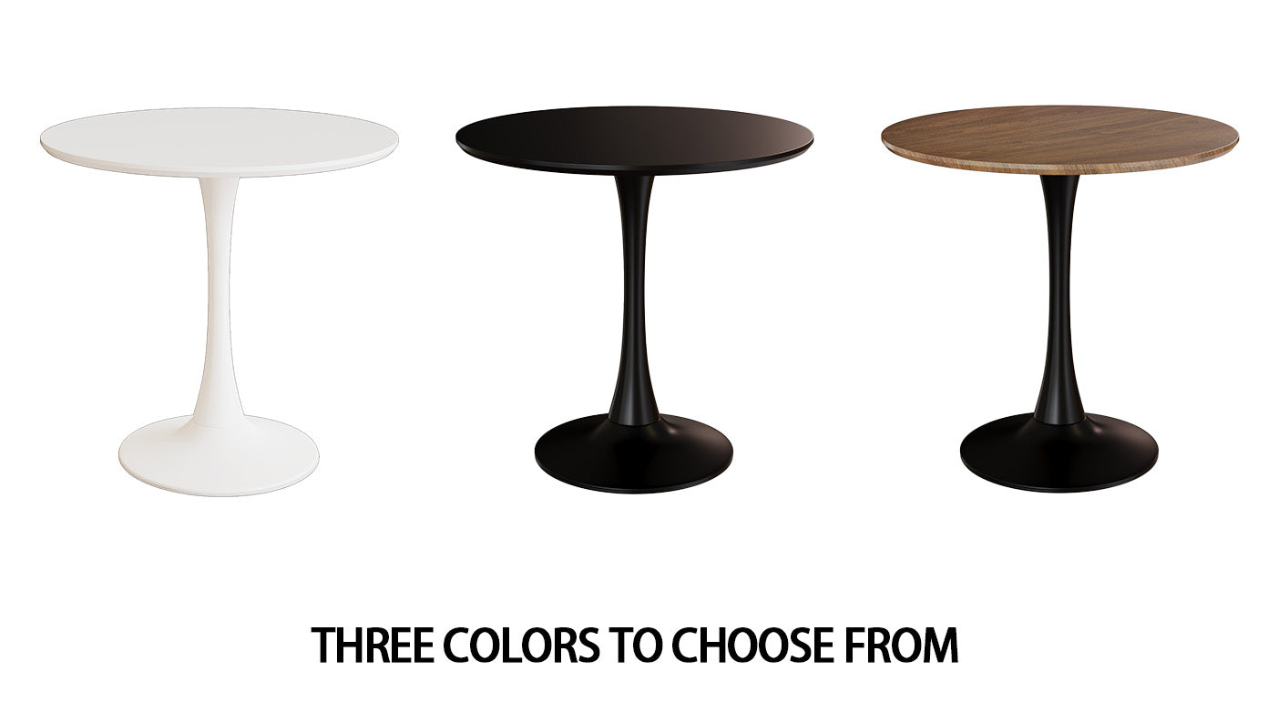 White round tulip dining table with a pedestal base