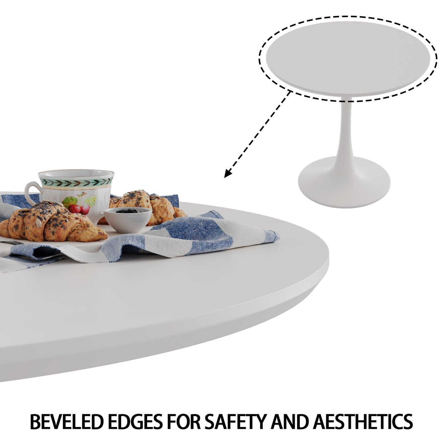 White round dining table with beveled edges