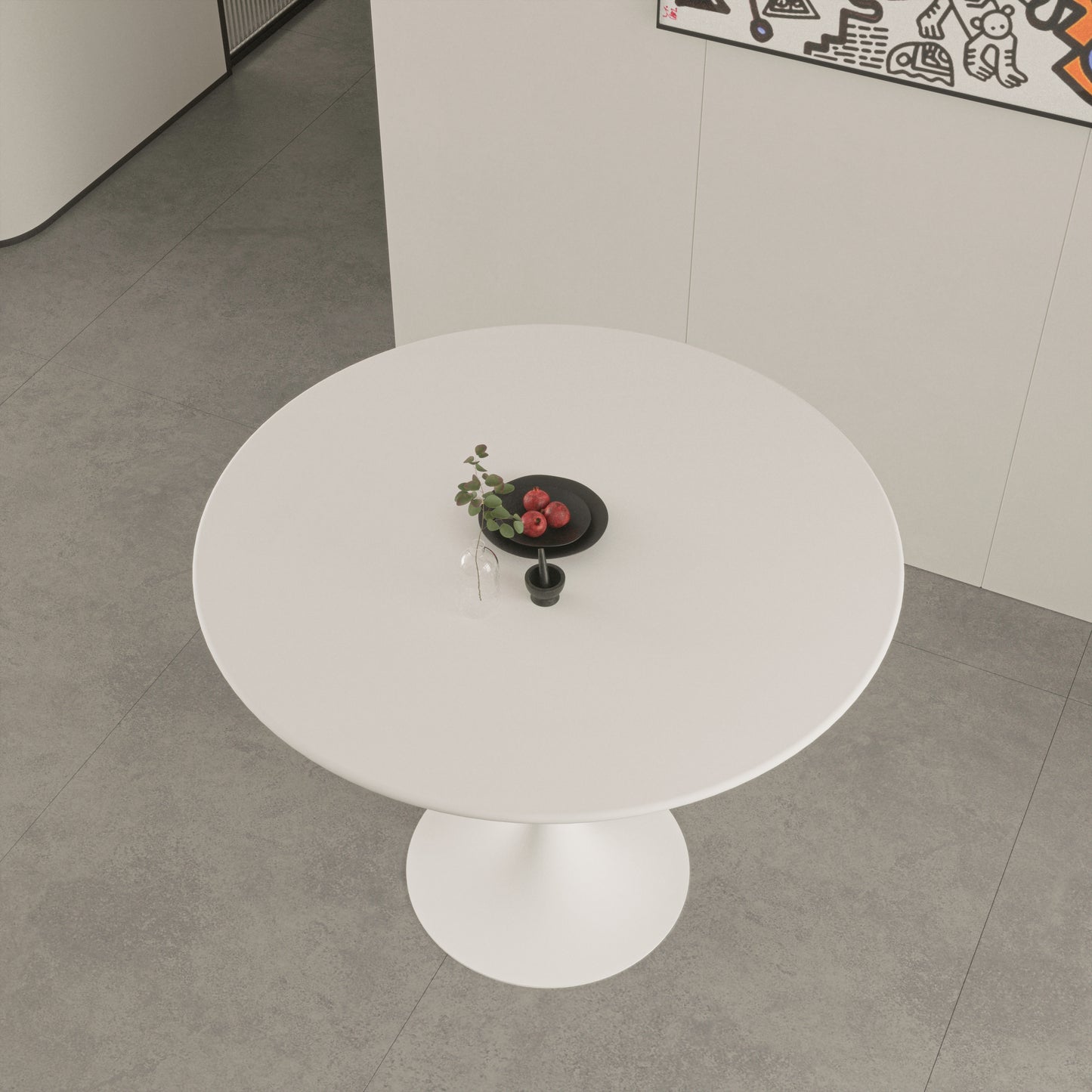 White pedestal dining table with minimalist design