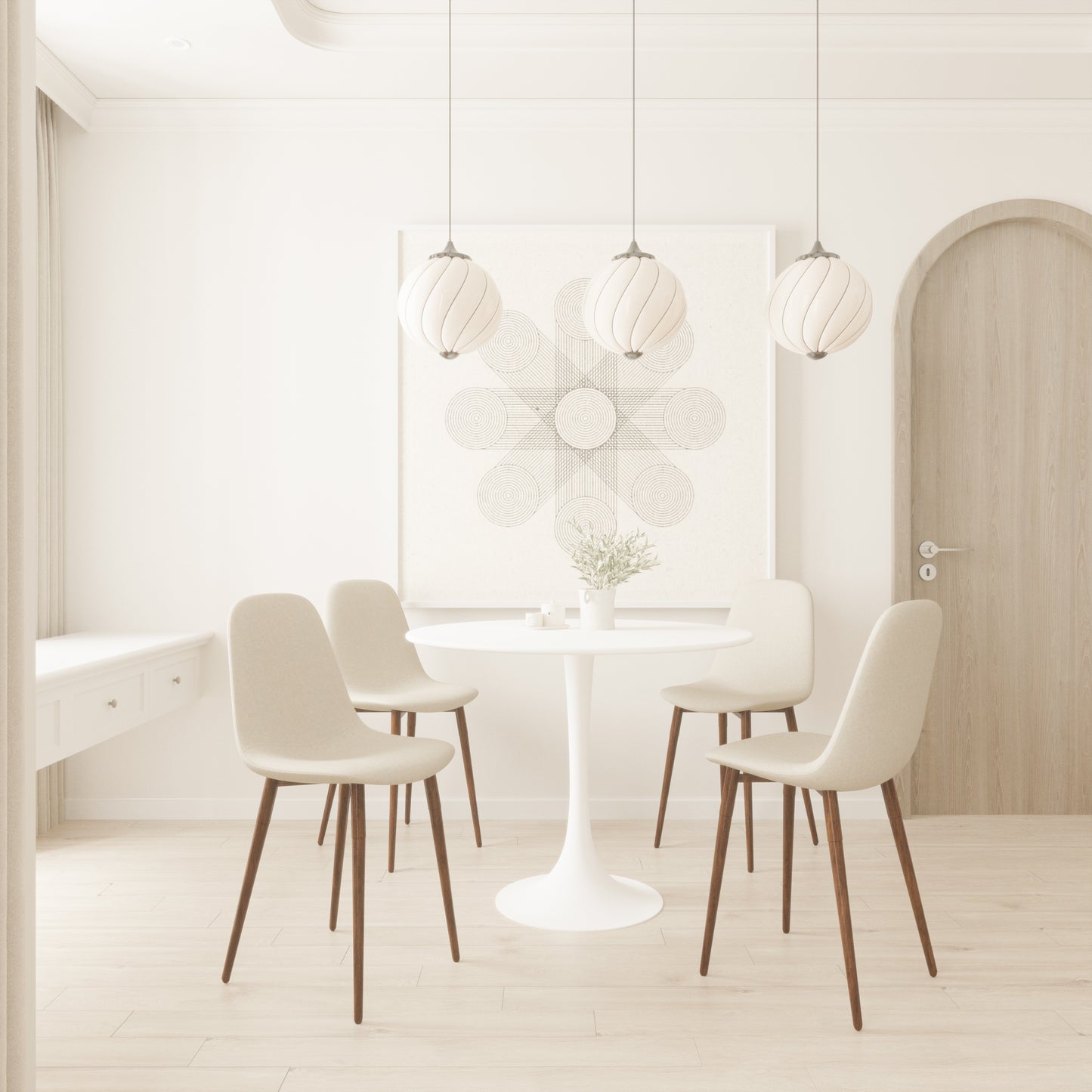 Beige upholstered dining chairs with dark wood legs