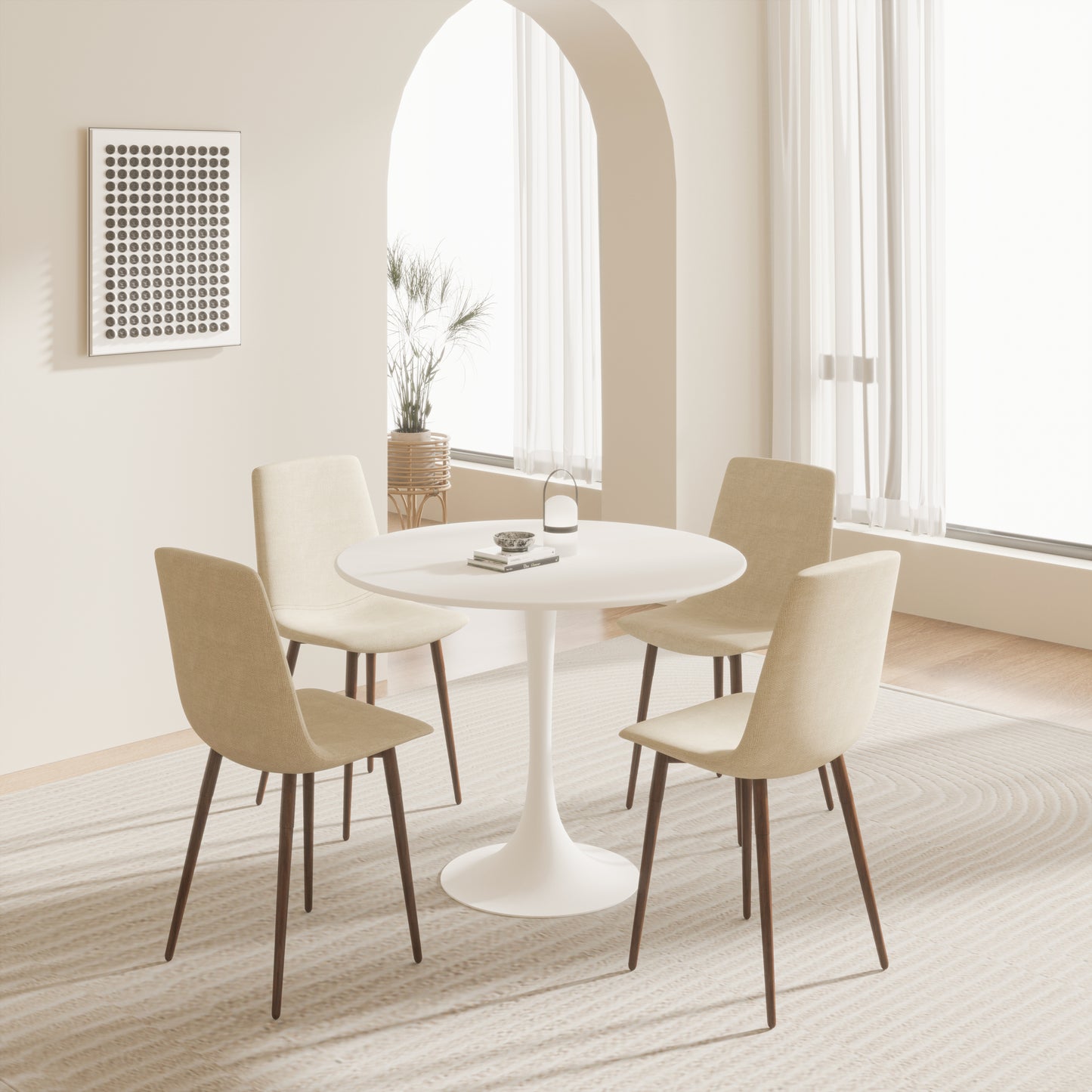 Modern white tulip dining table with four beige fabric chairs