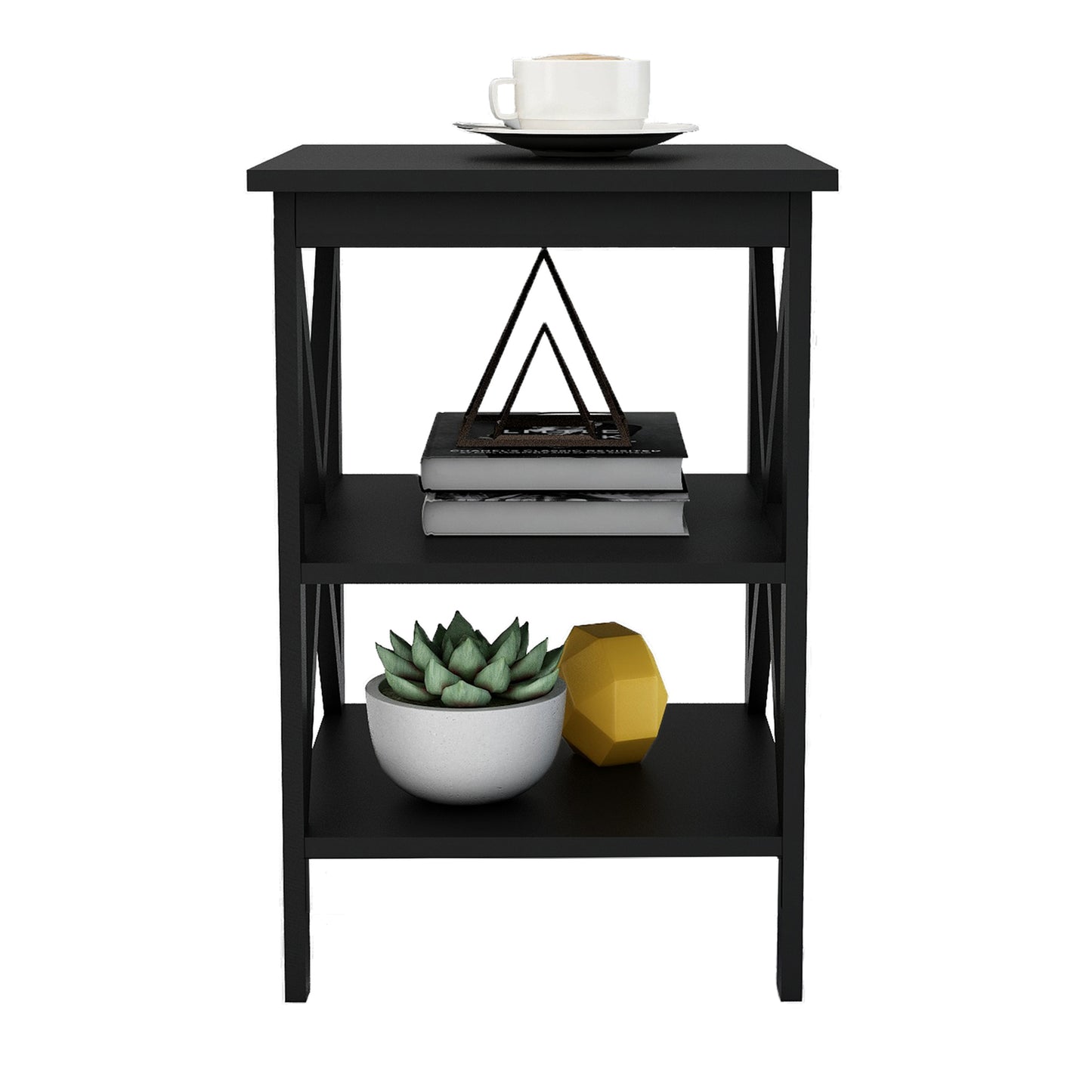 Sleek black accent table with geometric side panels holding a coffee cup