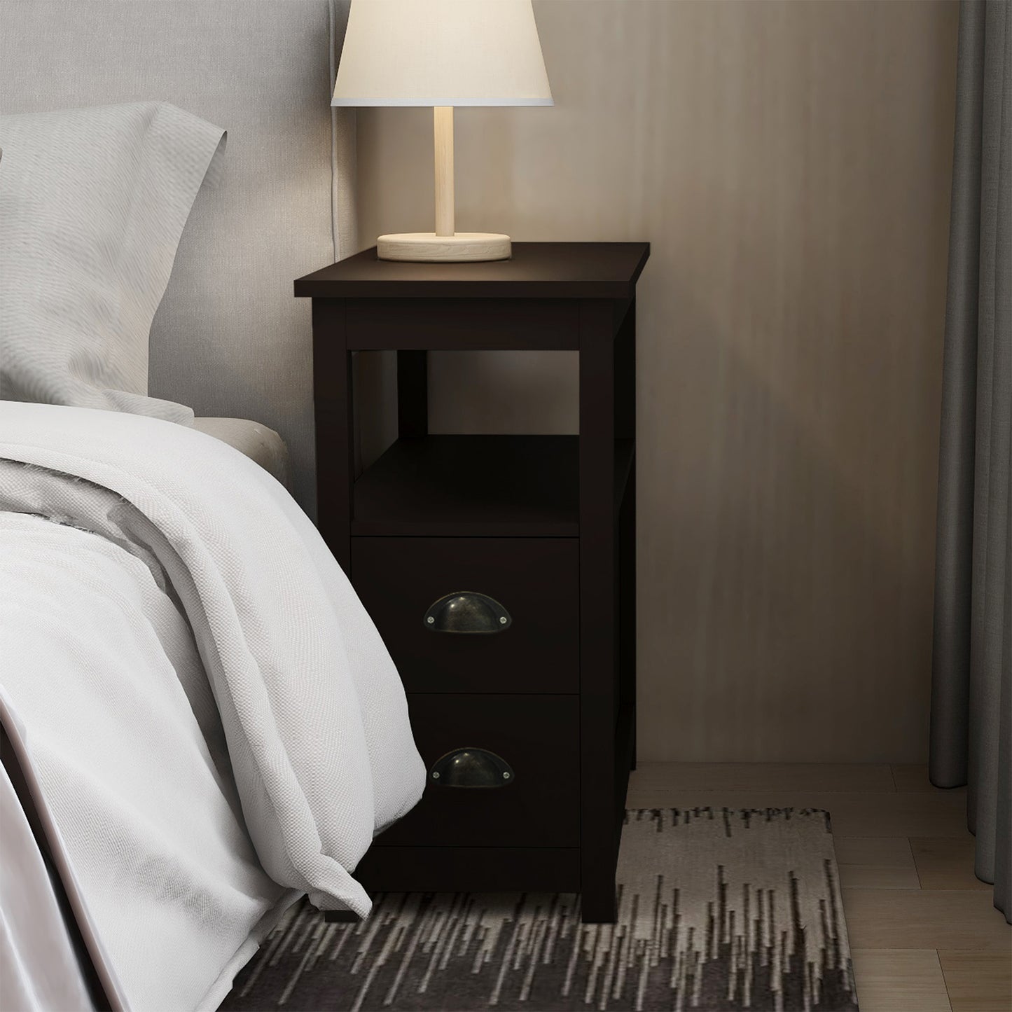 Dark brown wood nightstand with two drawers and open shelf beside a bed