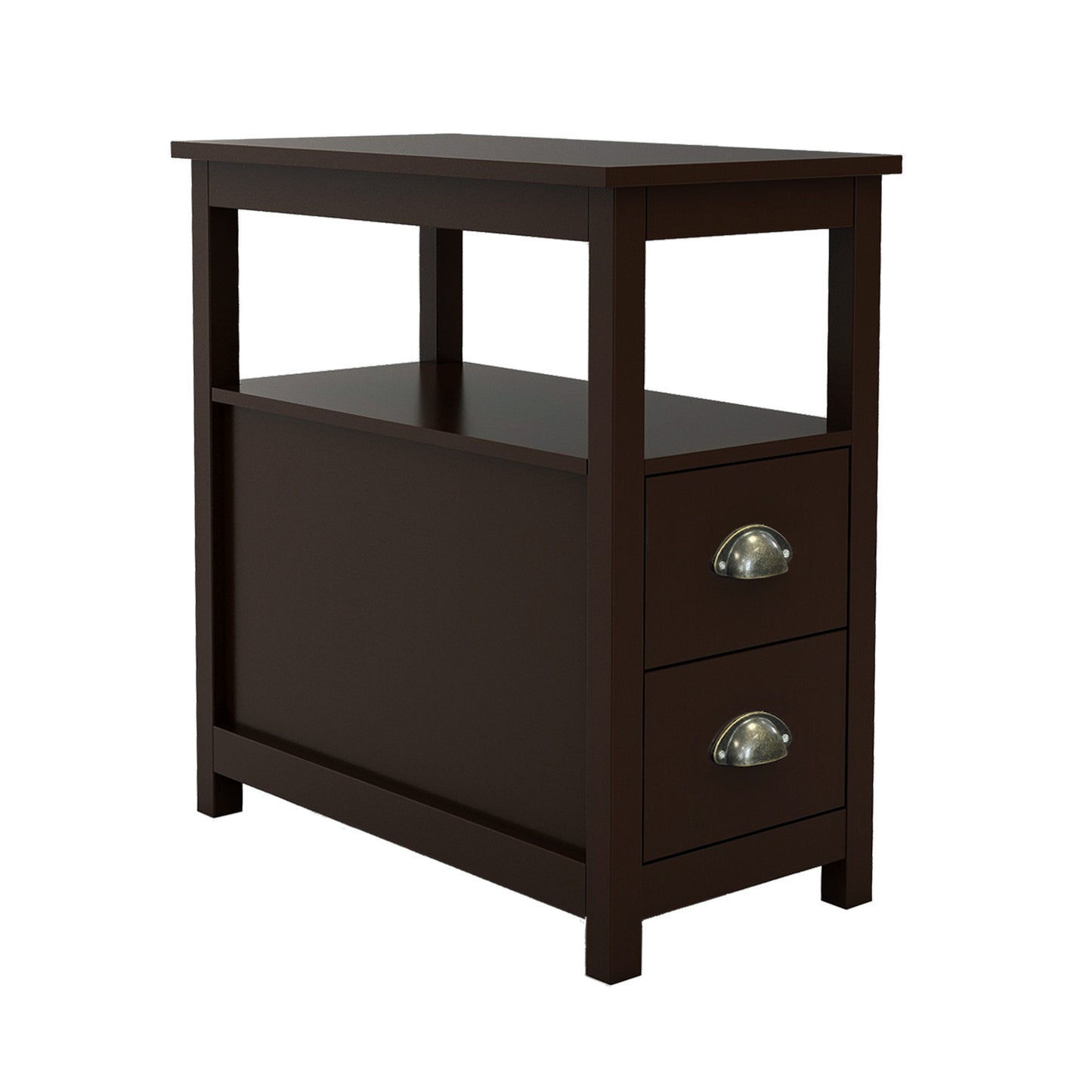 Dark brown slim end table with two drawers and antique brass bin pulls