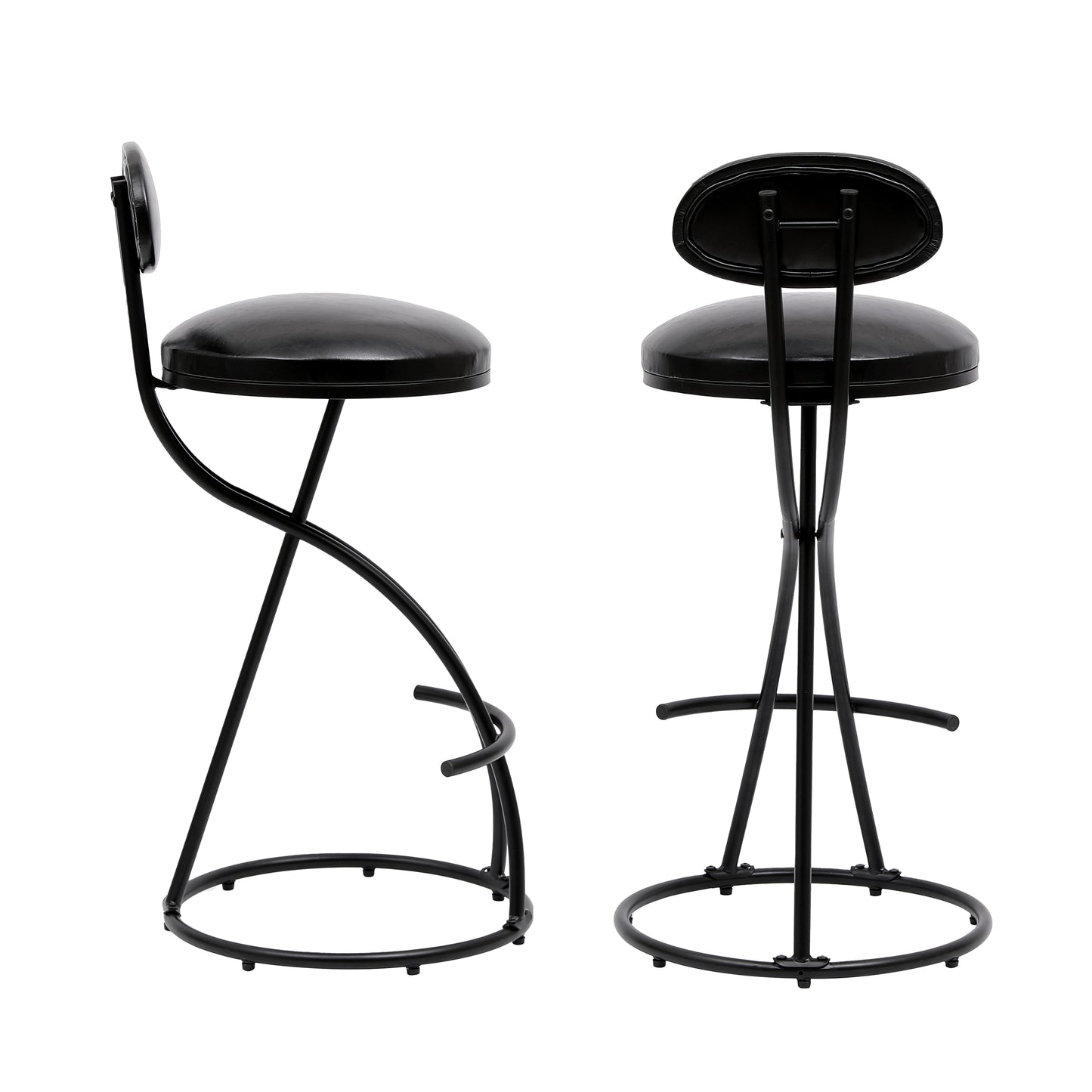 Black leather bar stool with curved metal base