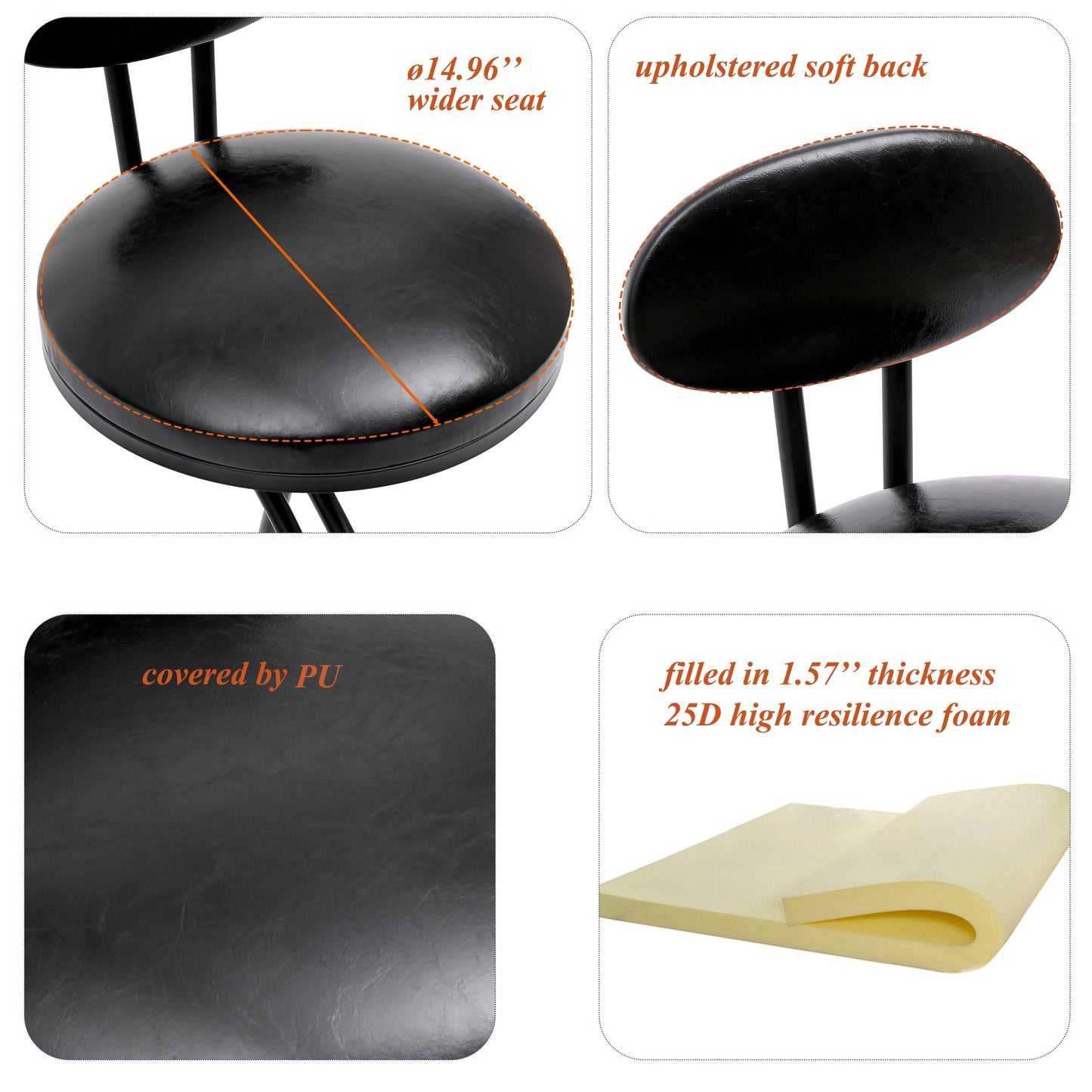 Black PU leather bar stool seat with wider diameter