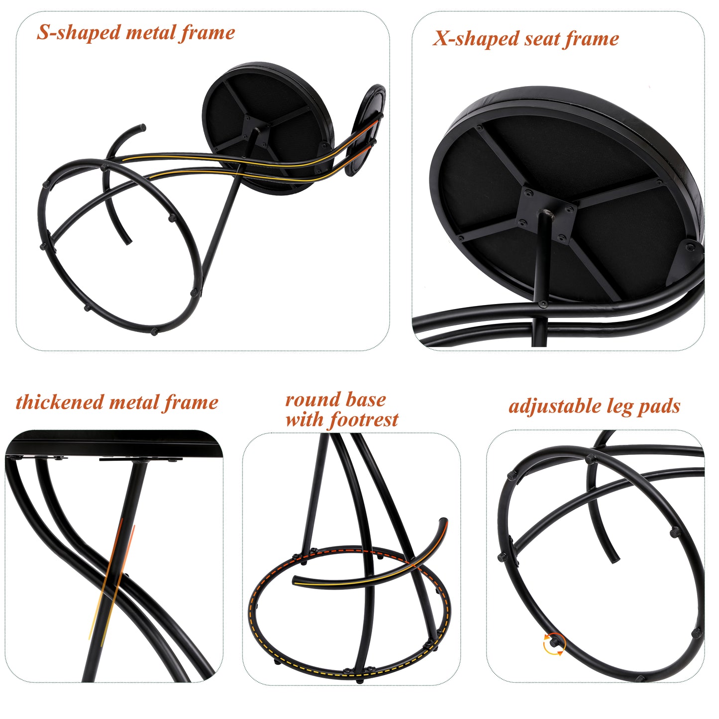Black bar stool with Sshaped metal frame and padded seat