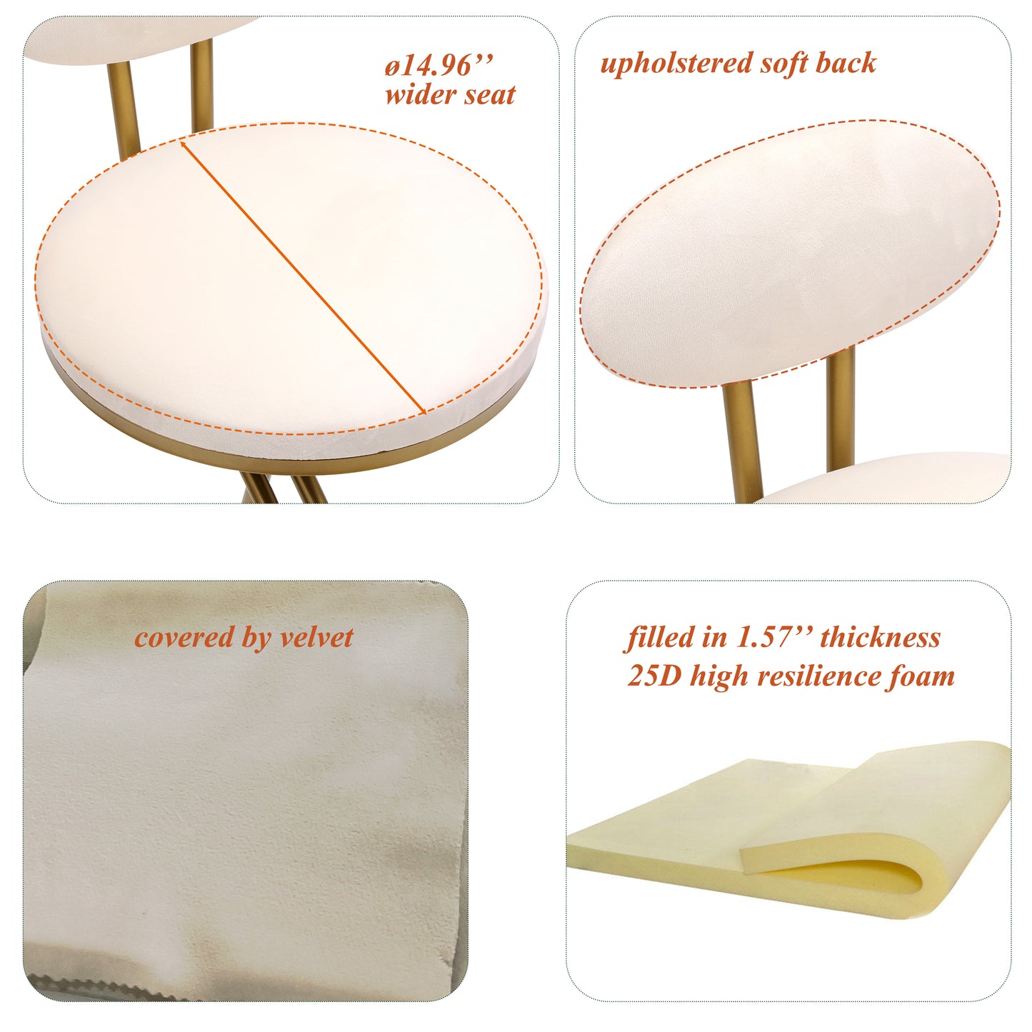 Cream upholstered vanity stool with inch wider seat