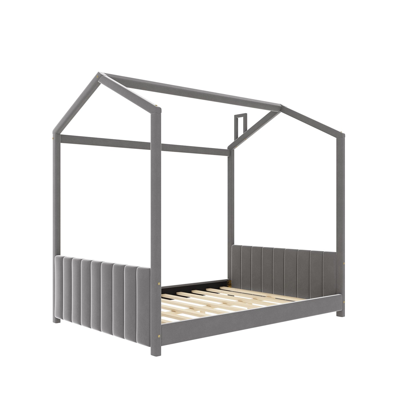 Gray velvet house bed frame with channel tufted headboard and slatted base