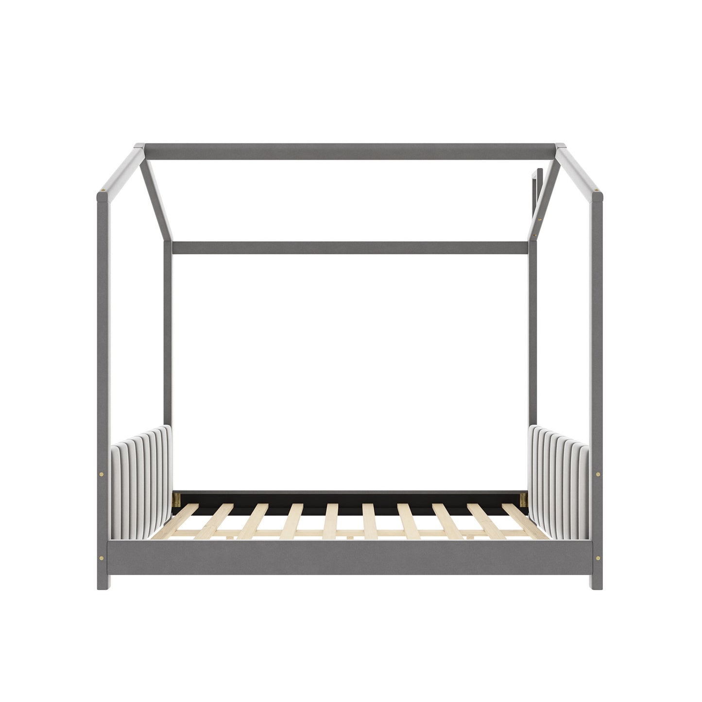Gray house bed frame with upholstered headboard and wooden slats