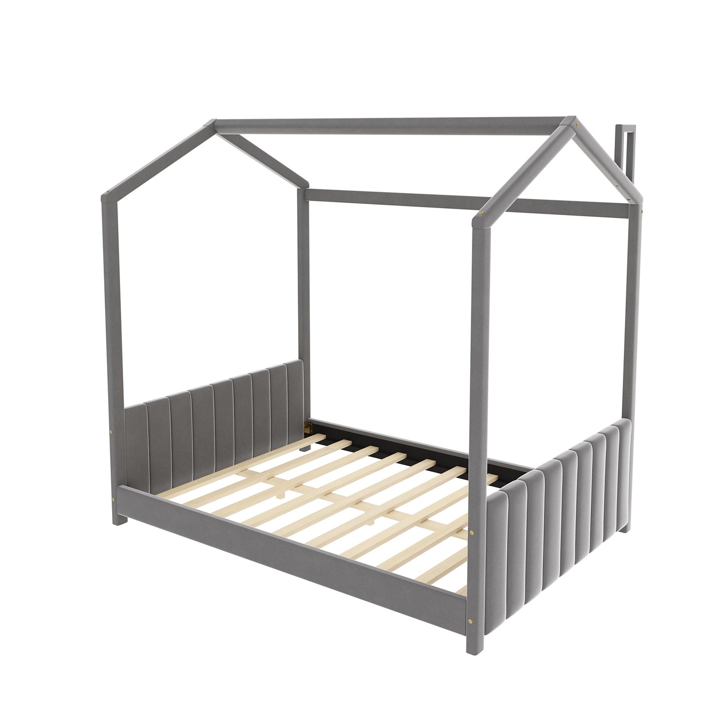 Grey velvet house bed frame with slatted base for childrens room