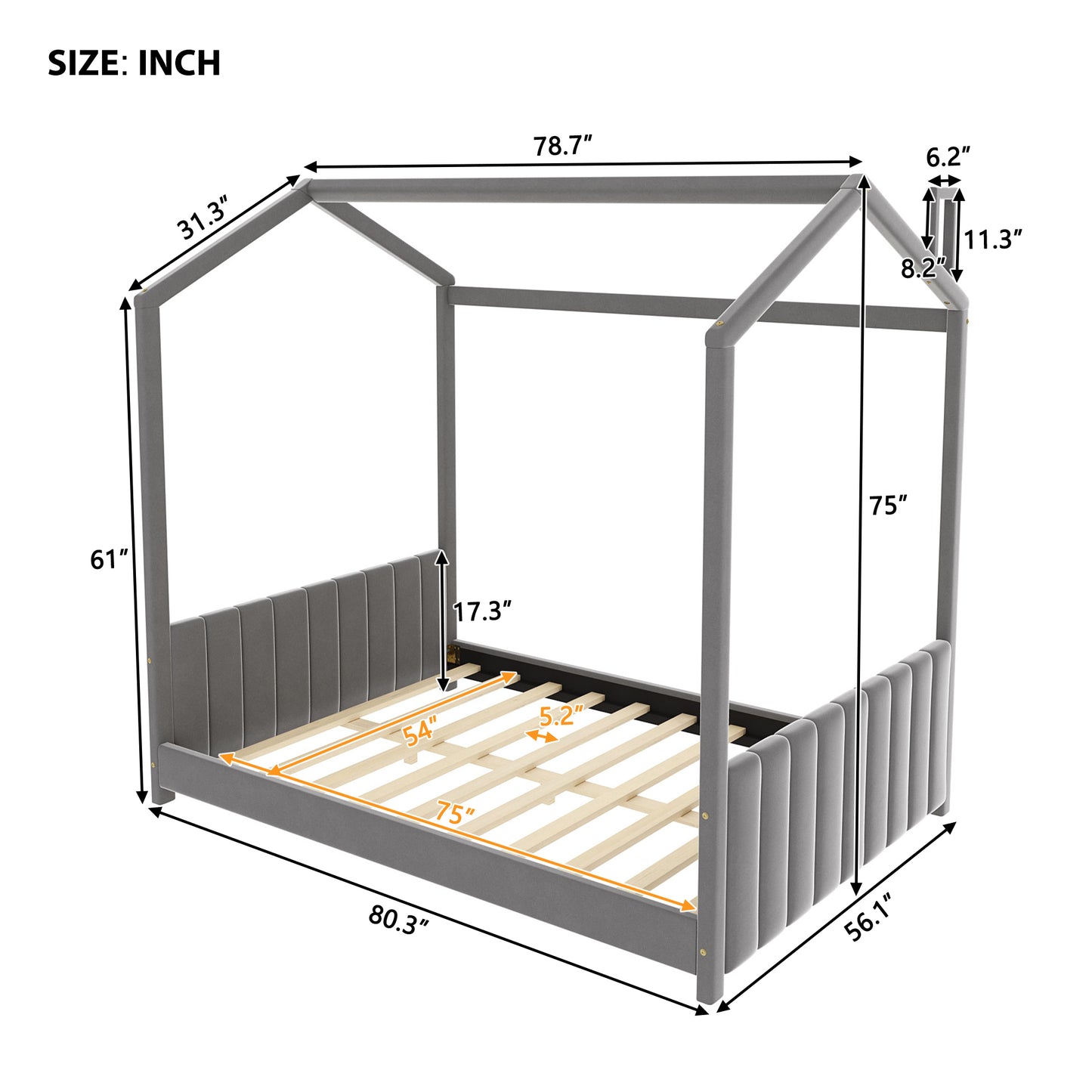 Grey upholstered house bed frame with detailed dimensions for kids bedroom
