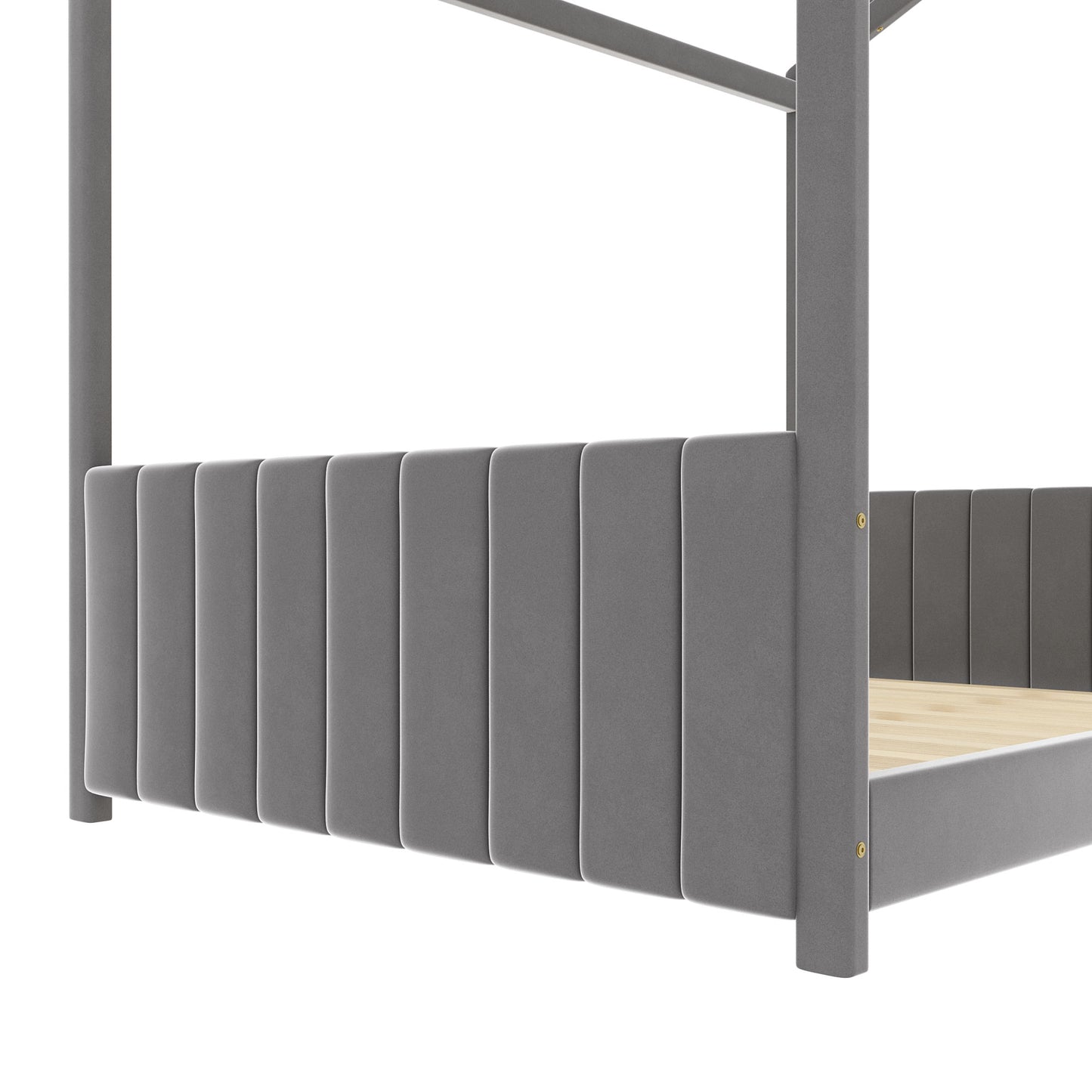 Grey upholstered fourposter bed frame with vertical channel tufting on headboard