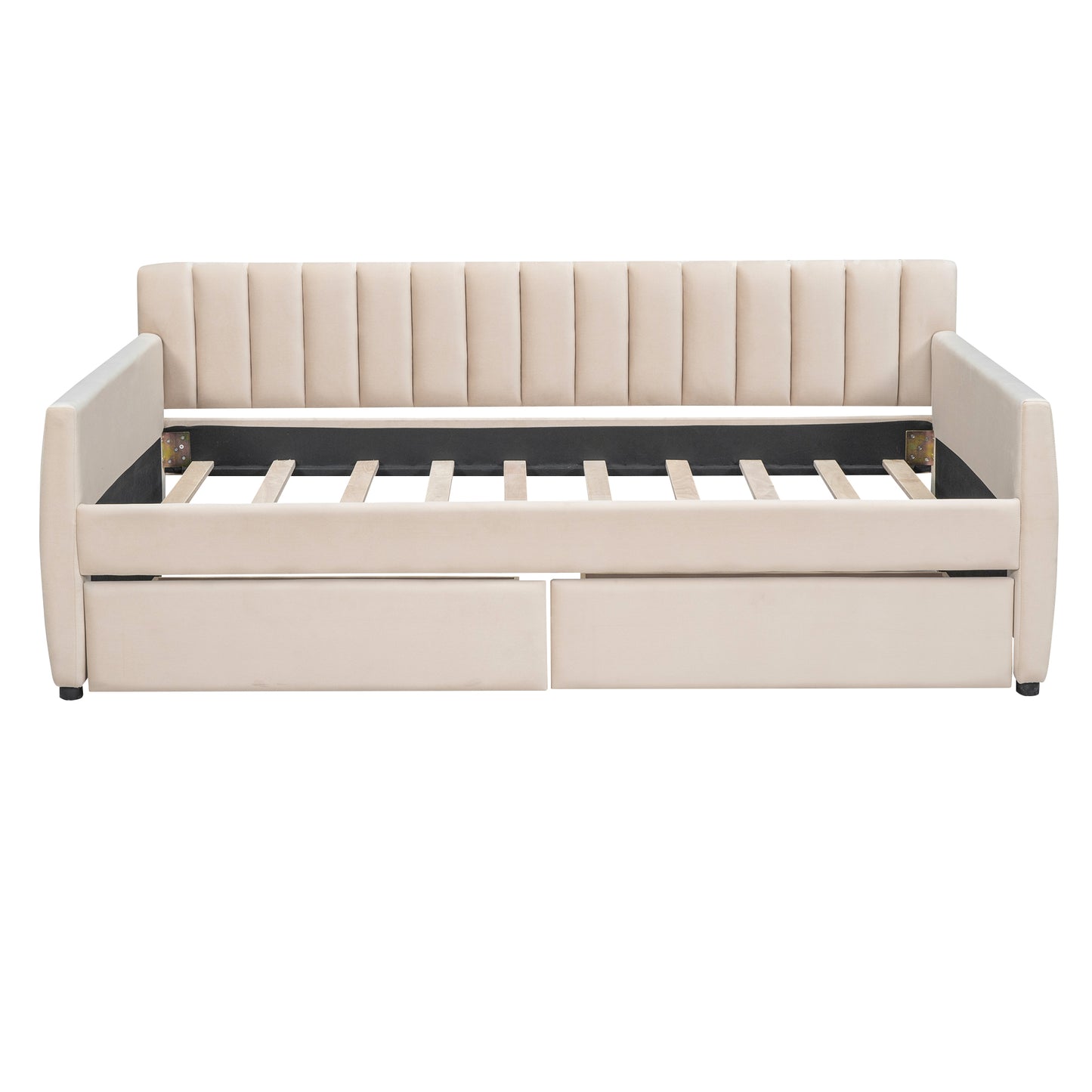 Beige velvet daybed with channel tufting and pullout trundle