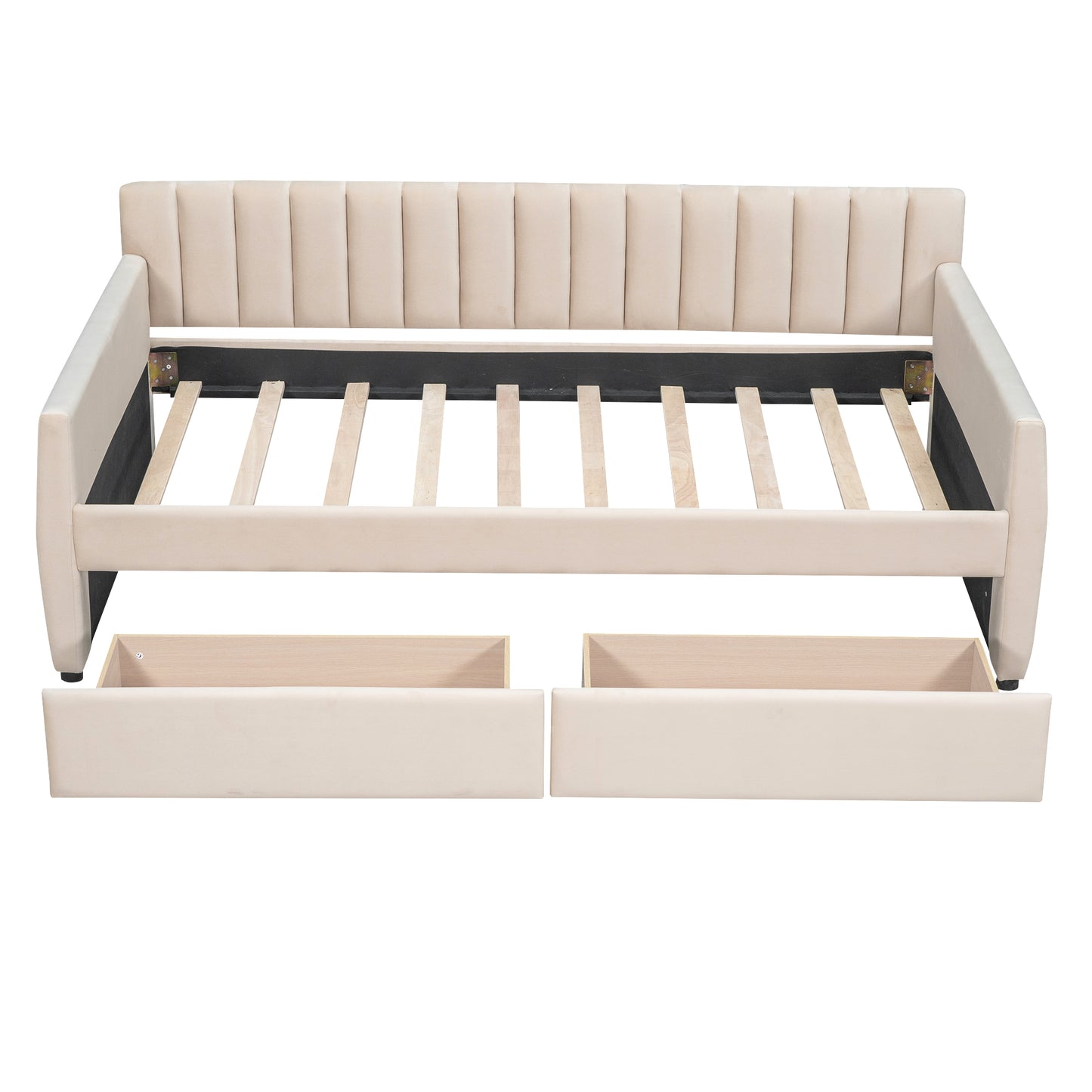 Cream upholstered daybed with channel tufting and two storage drawers