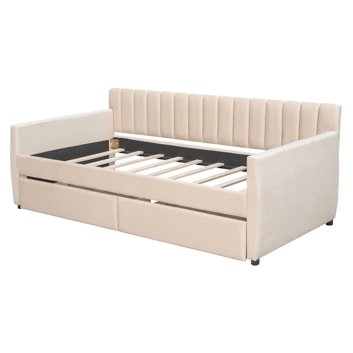 Beige velvet daybed with channel tufting and two storage drawers