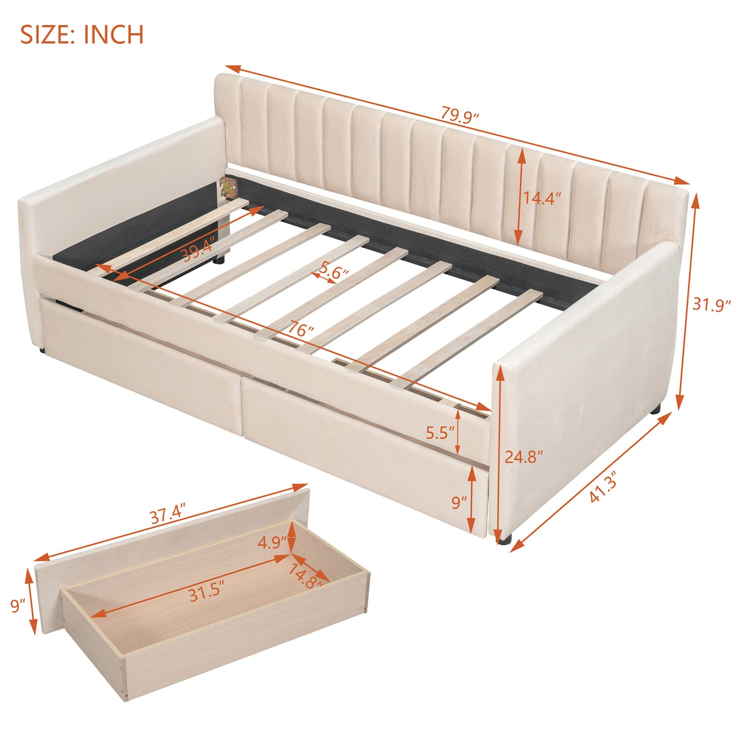 Beige velvet daybed with tufted back and two storage drawers dimensions shown