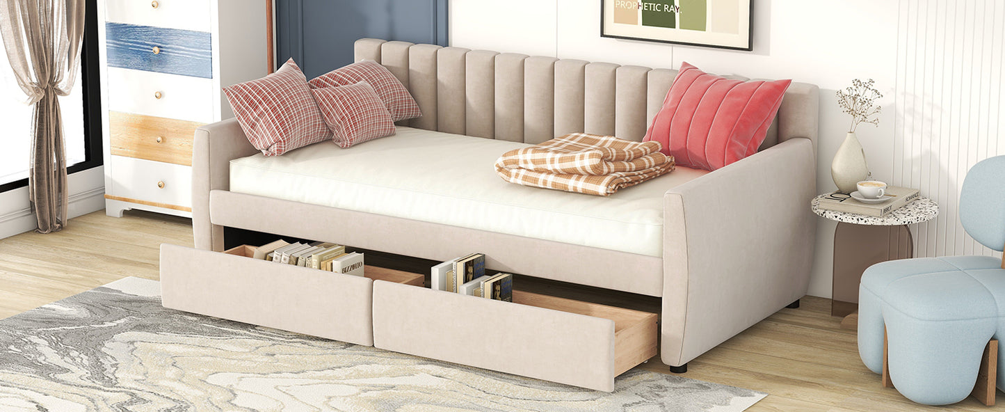 Beige upholstered daybed with tufted back twin mattress and two storage drawers