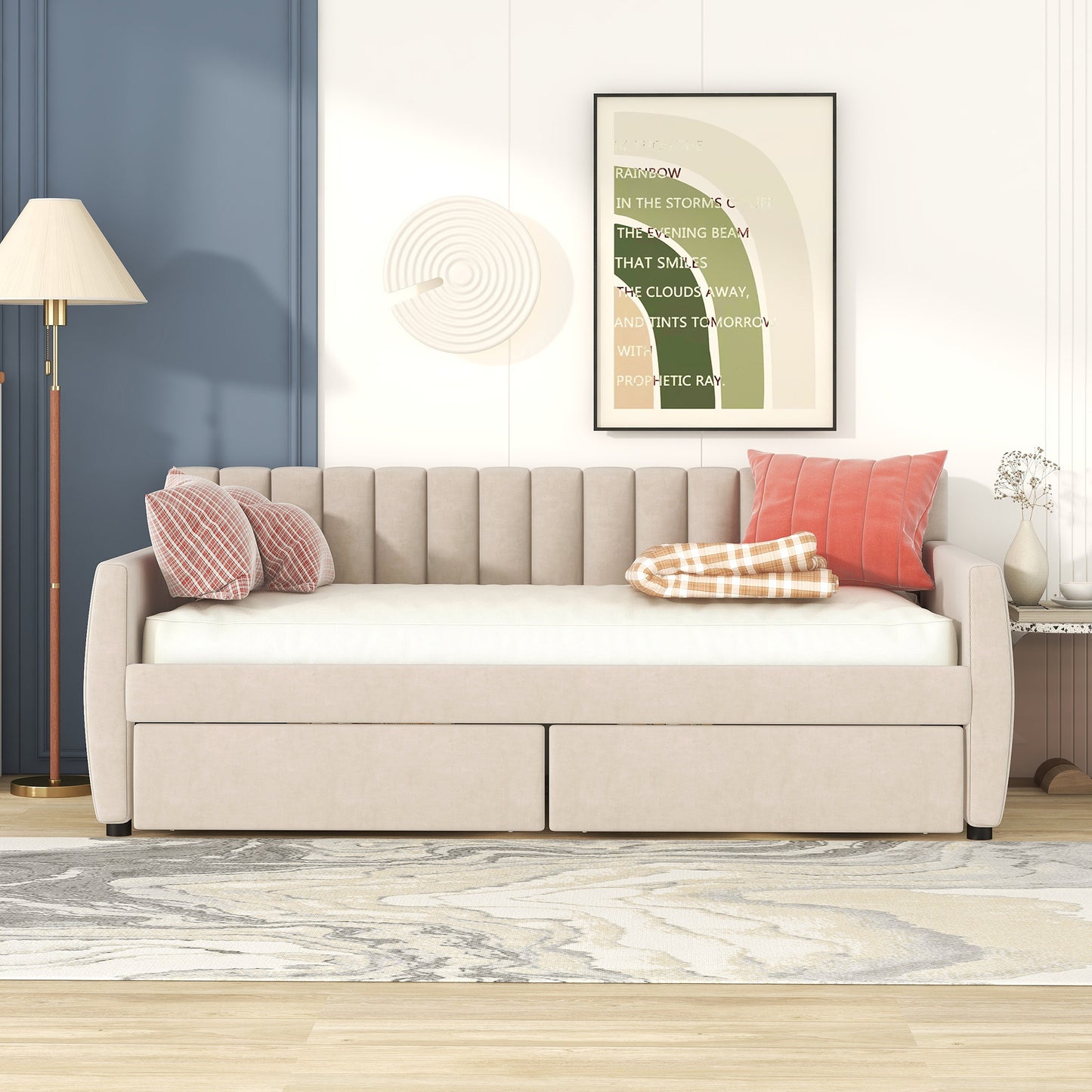 Cream fabric daybed with tufted back offering a comfortable seating and sleeping solution