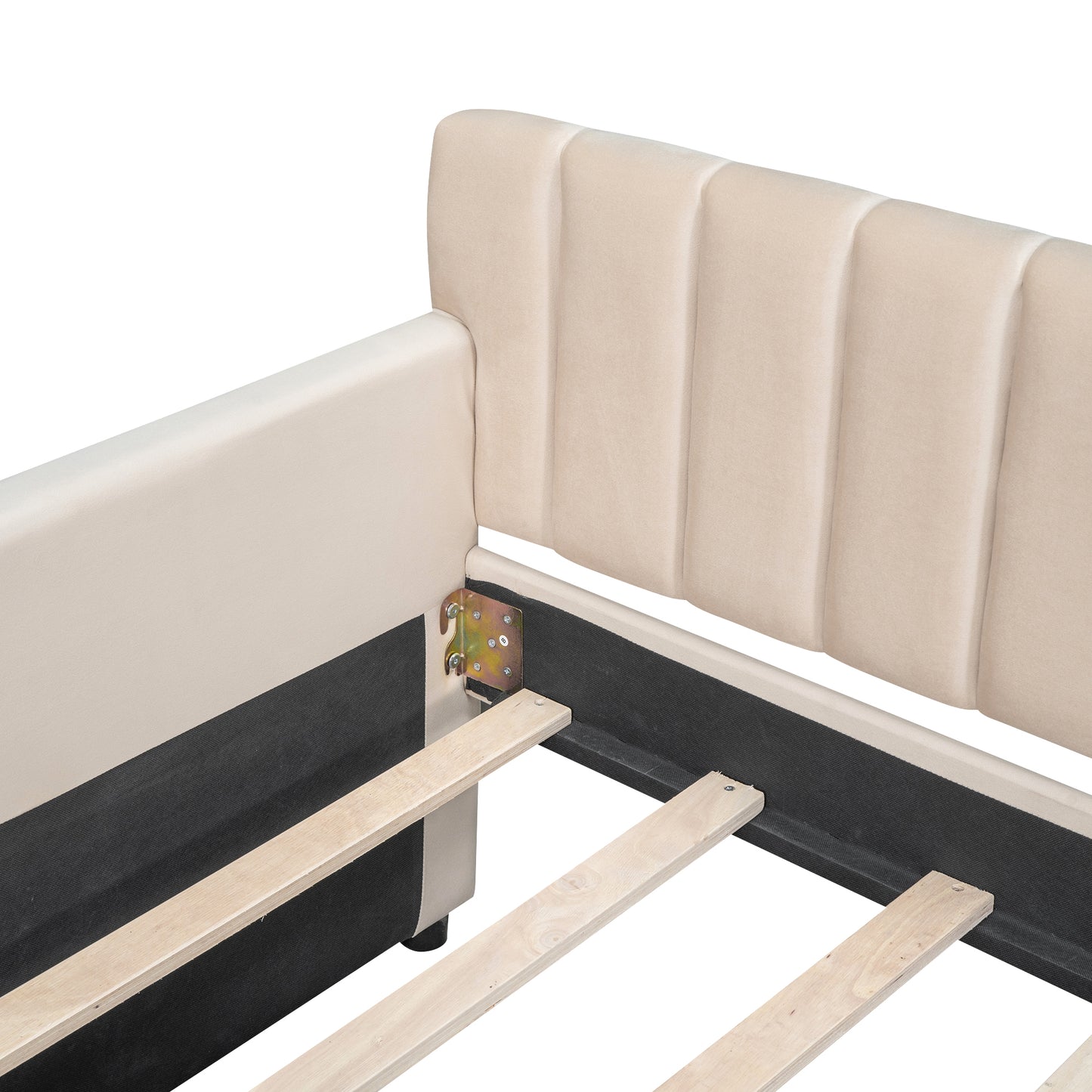 Beige velvet upholstered bed frame with channel tufting showcasing construction details