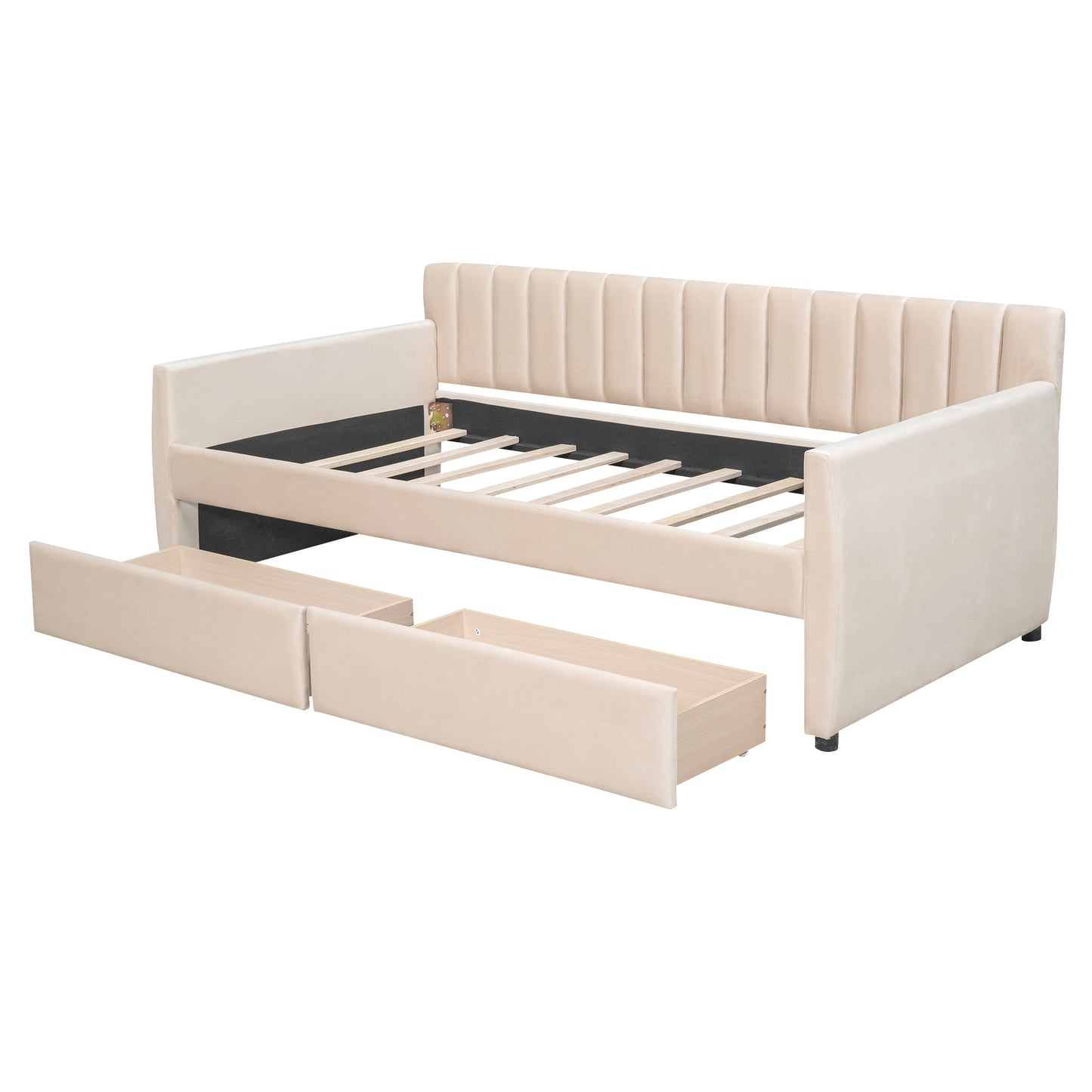 Upholstered beige daybed with tufted headboard and two pullout storage drawers