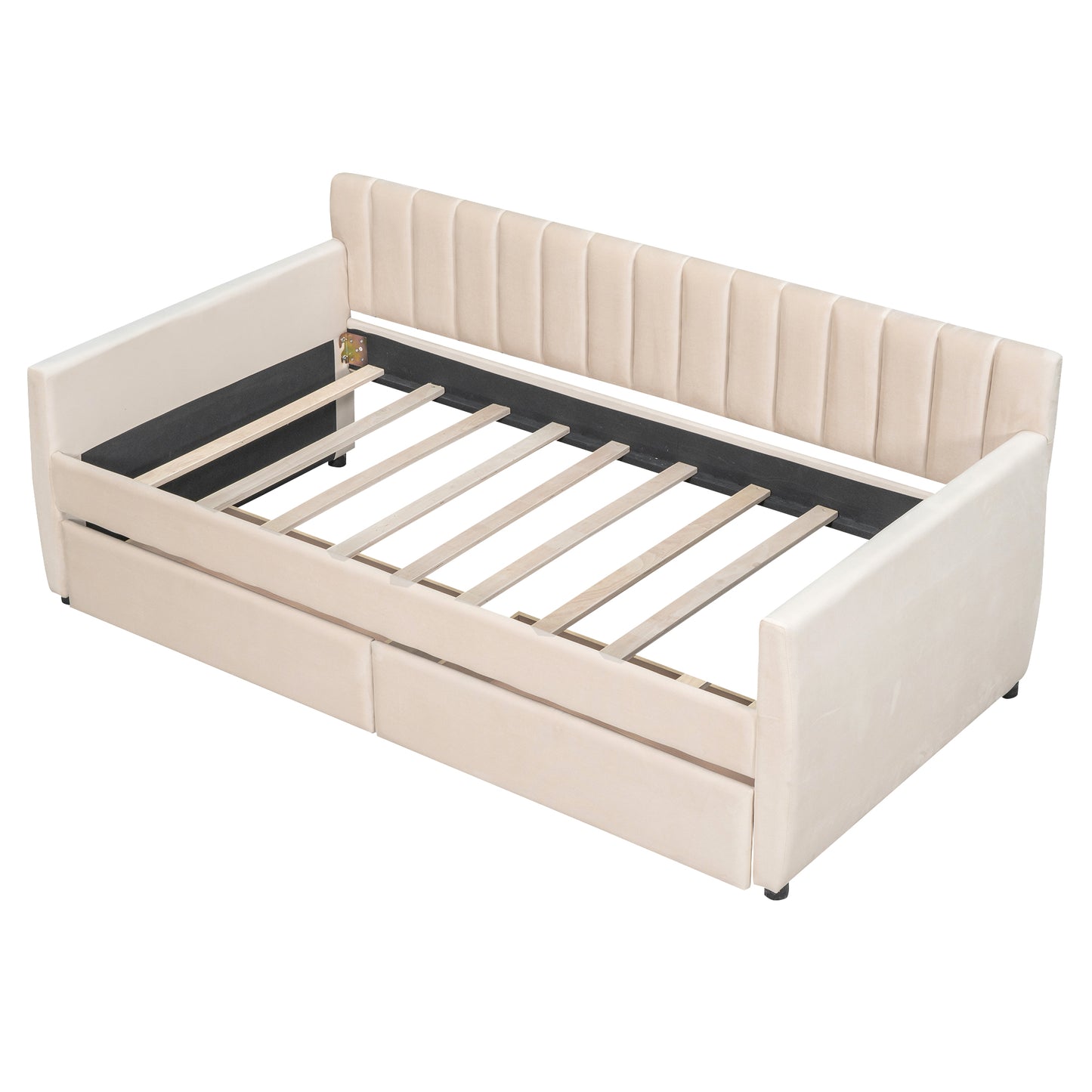 Beige velvet daybed with channel tufted back and two pullout drawers