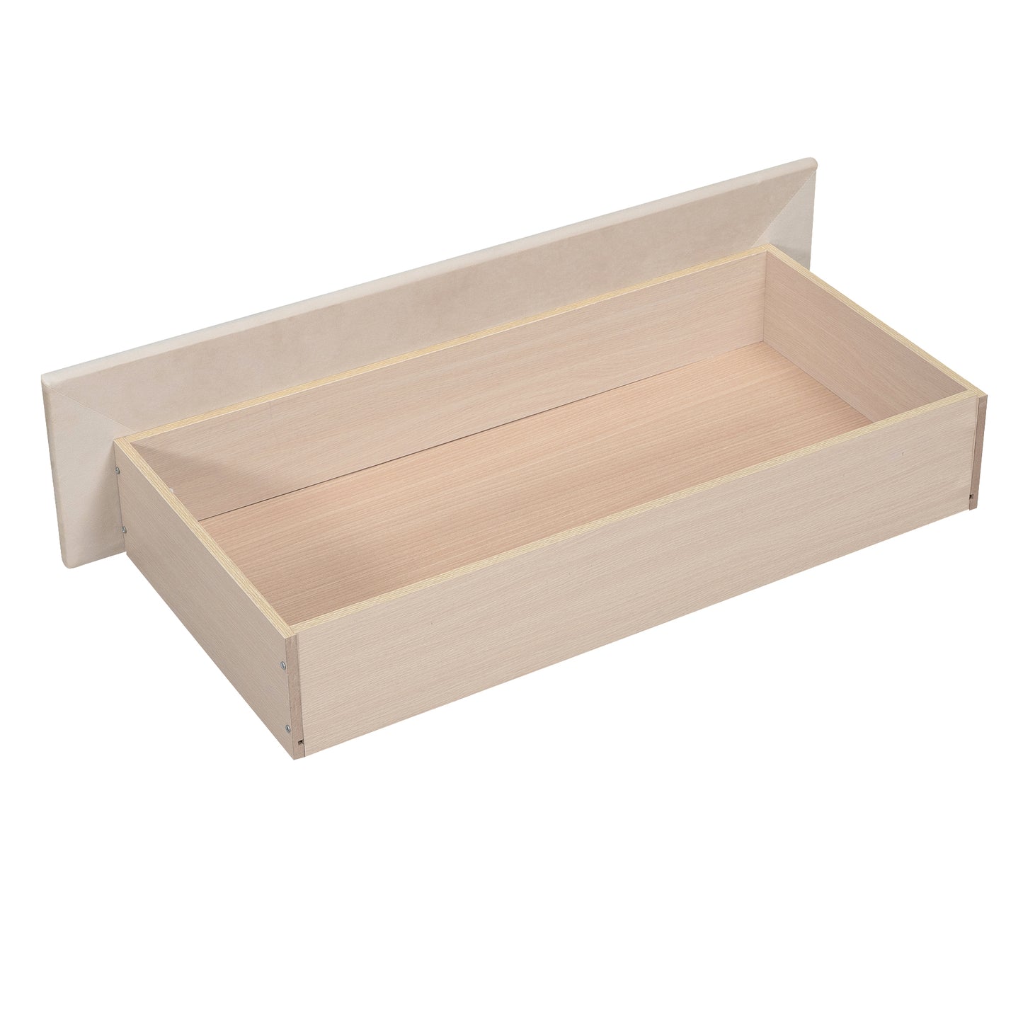 Light wood drawer with beige fabric front perfect for bedroom storage