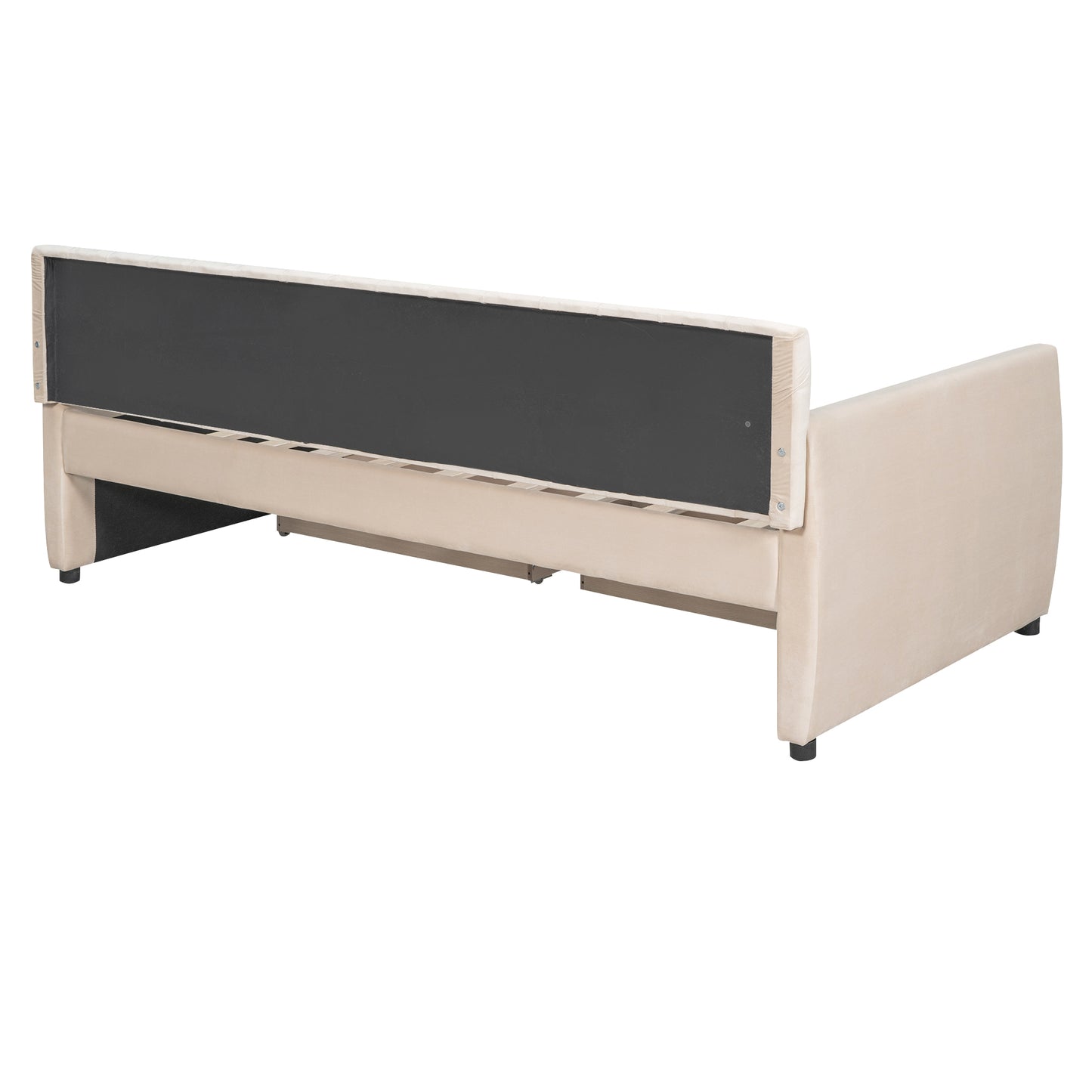 Rear view of beige upholstered sofa frame with dark backing and wooden slats for mattress support