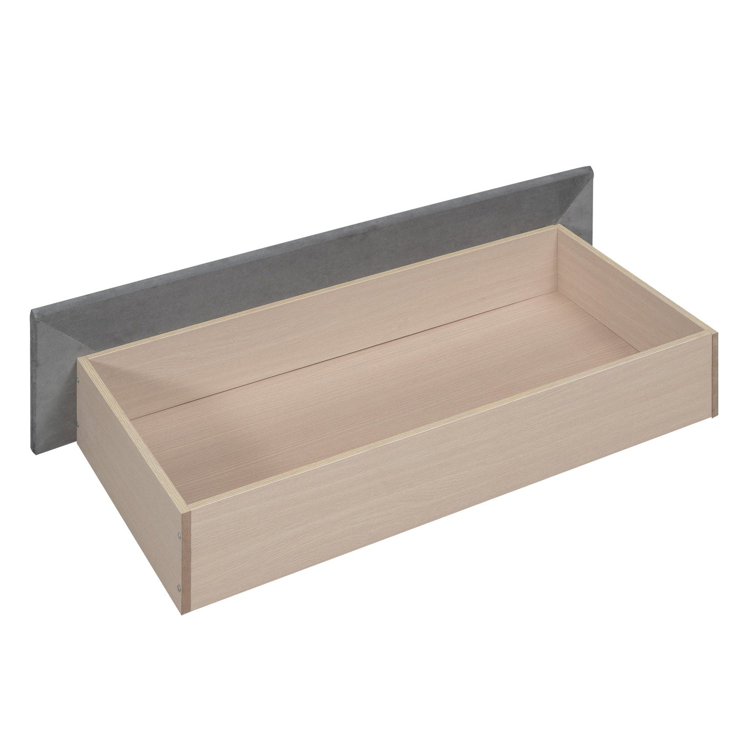 Light oak wood drawer with grey upholstered frame part of a bedside table