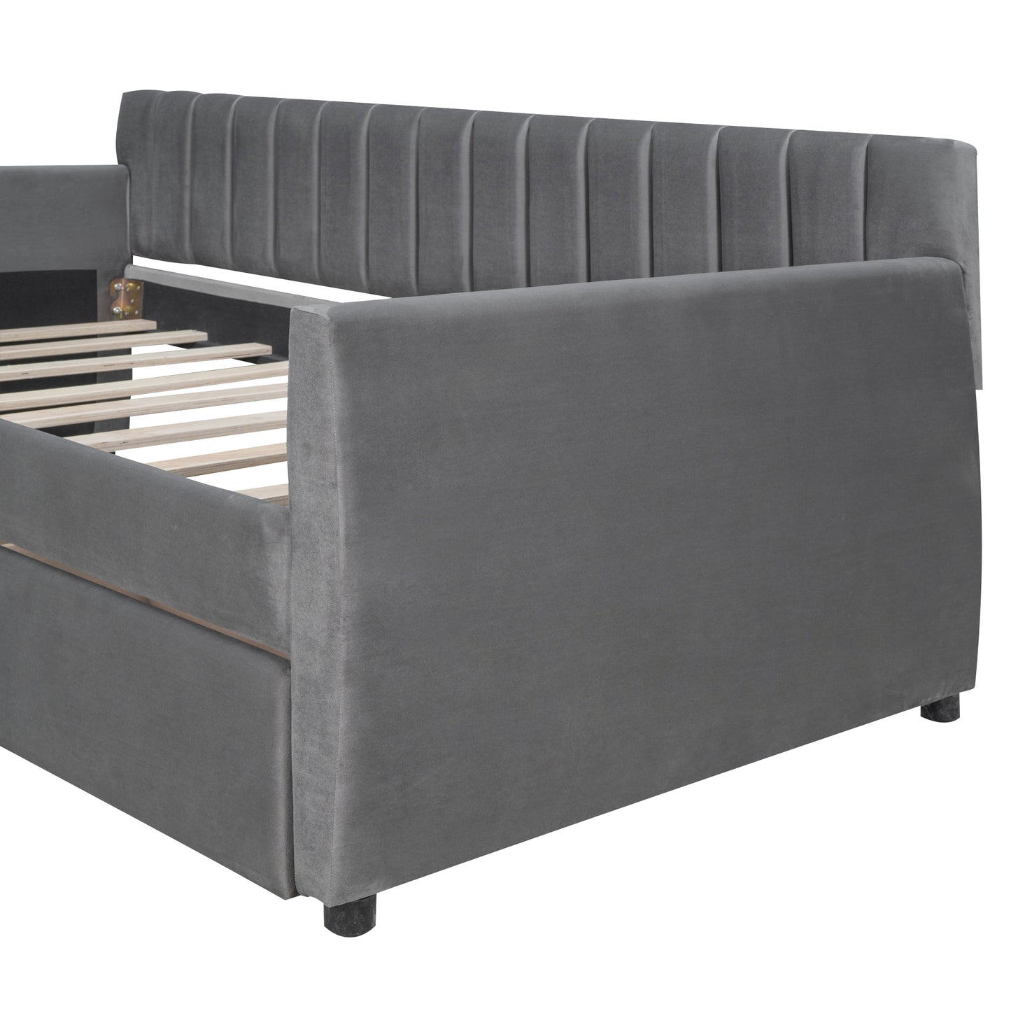 Grey velvet daybed with vertical tufting perfect for modern living rooms