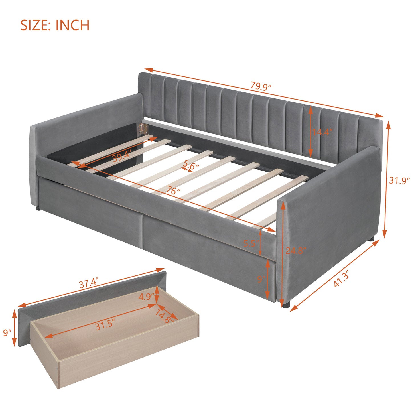Gray velvet daybed with tufted back dimensions L x W x H