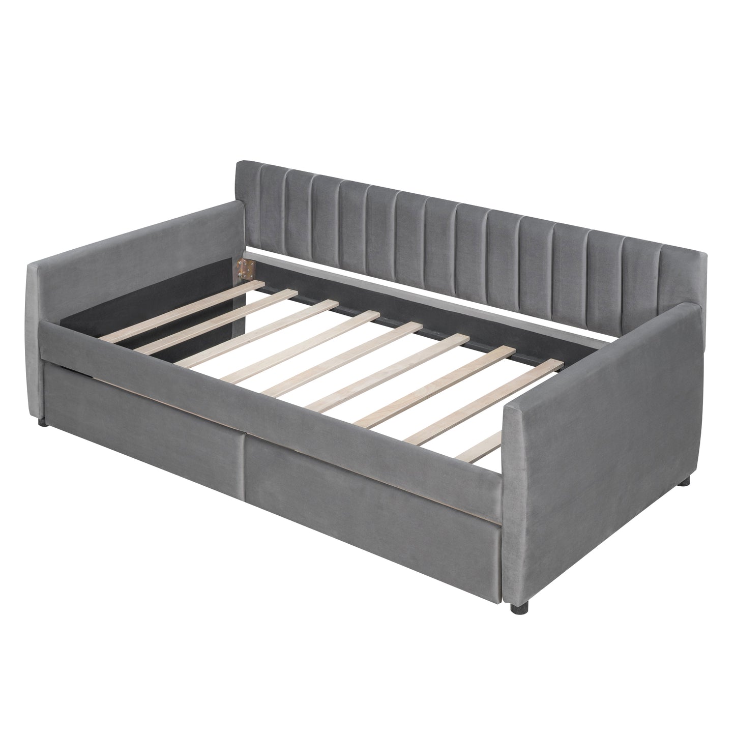 Gray velvet daybed with channel tufting and slatted frame perfect for a guest room