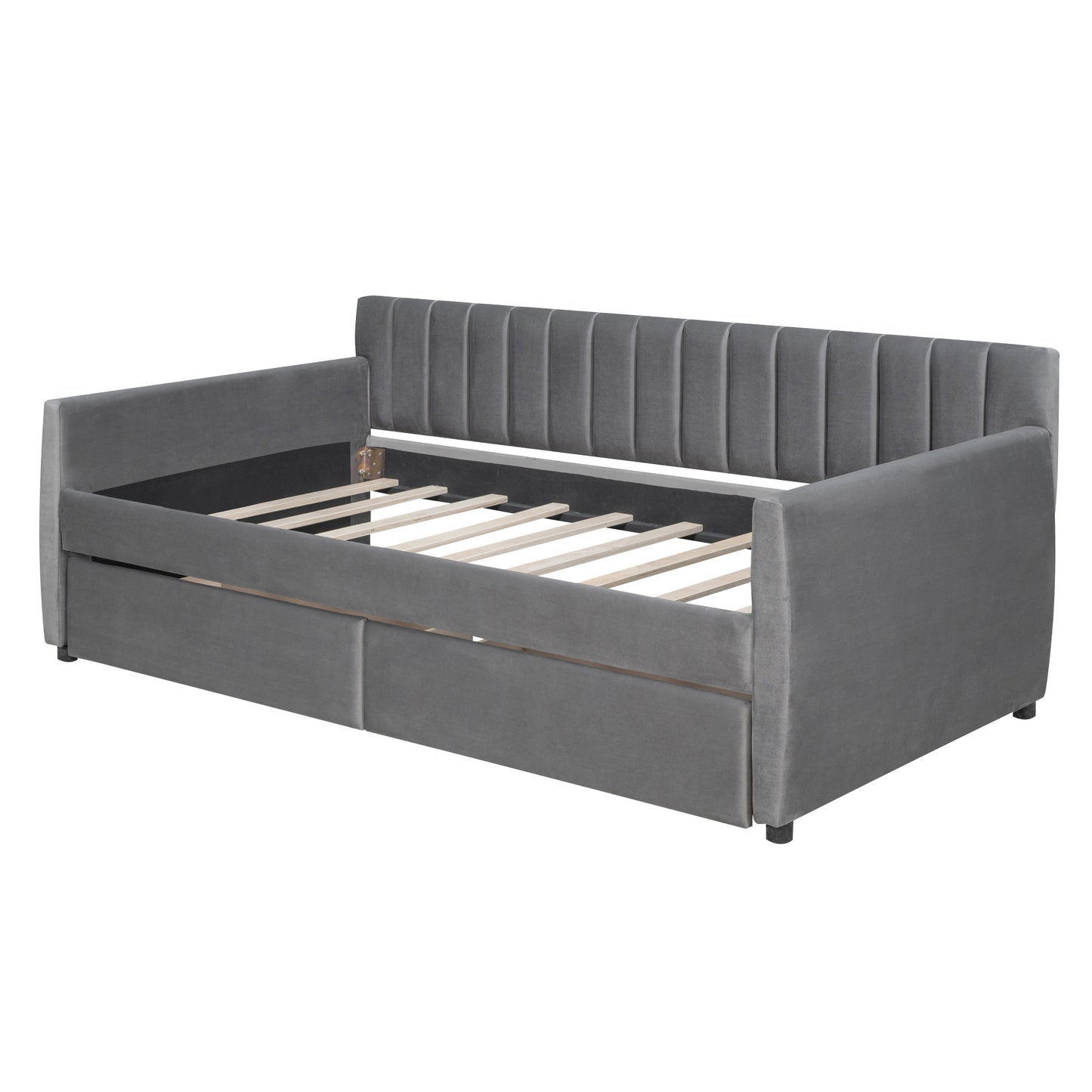 Grey velvet daybed with tufted back and storage drawers perfect for small spaces