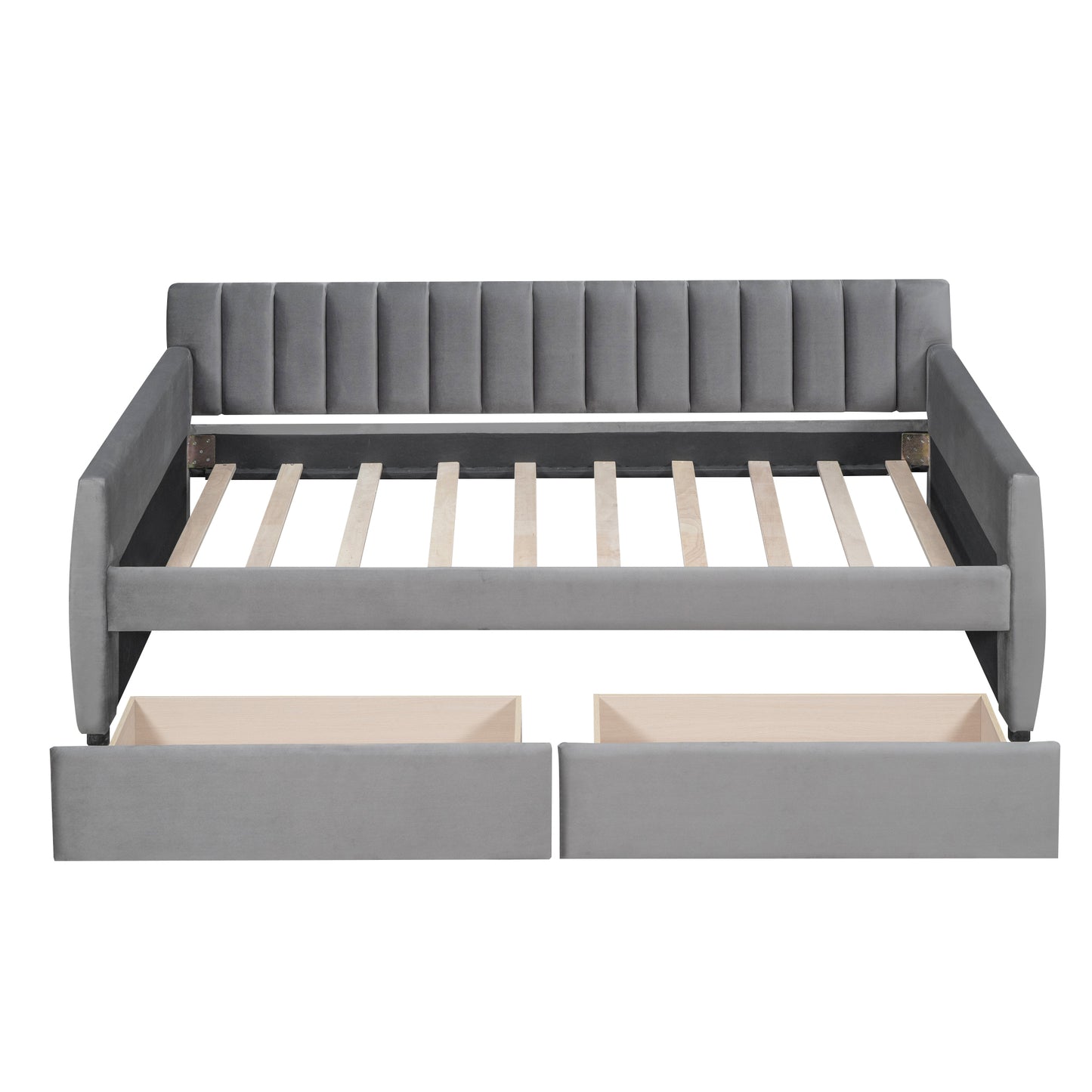 Grey velvet daybed with channeled headboard and two underbed storage drawers